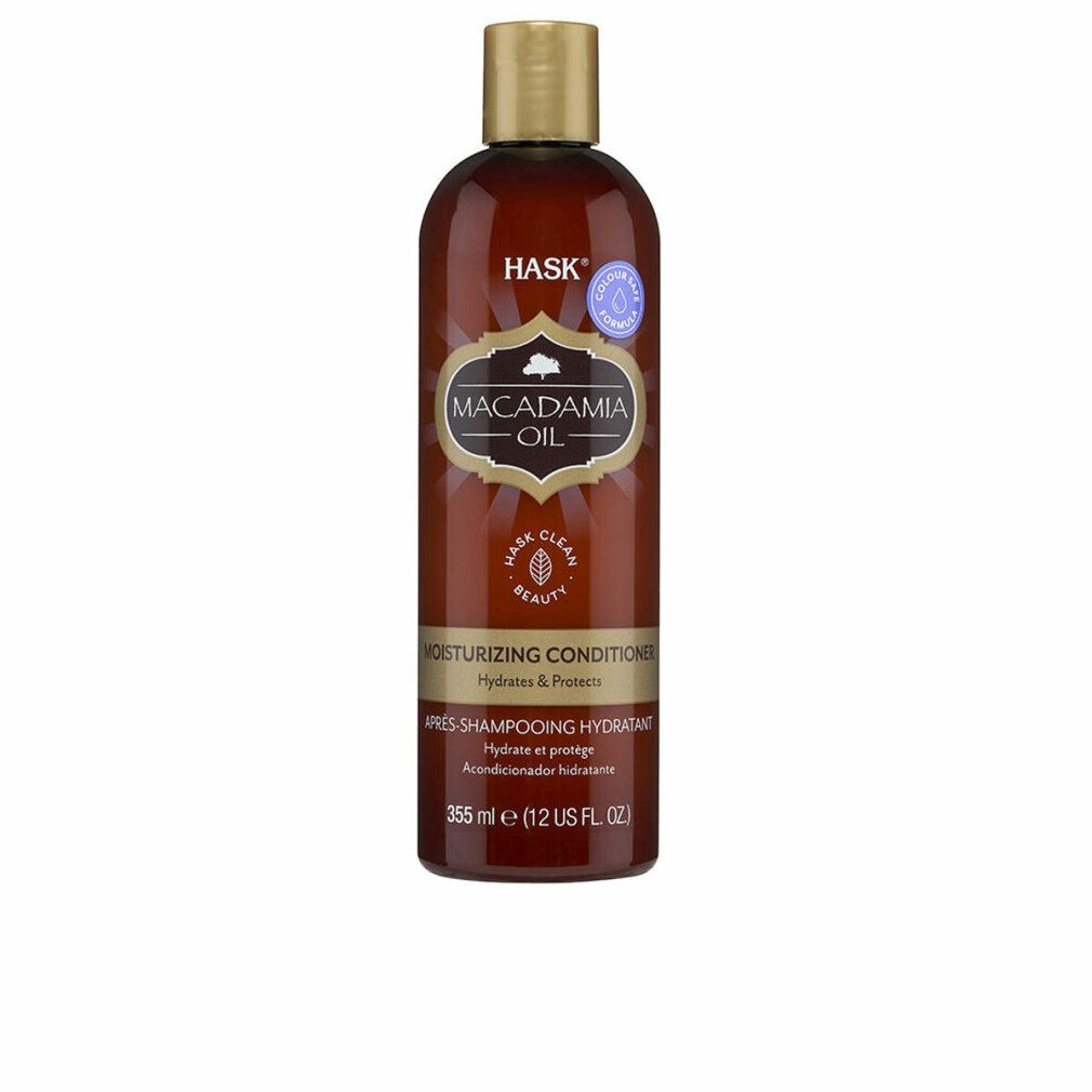Flacone marrone con tappo dorato. Etichetta con nome e testo del prodotto. Scritta: Macadamia Oil.