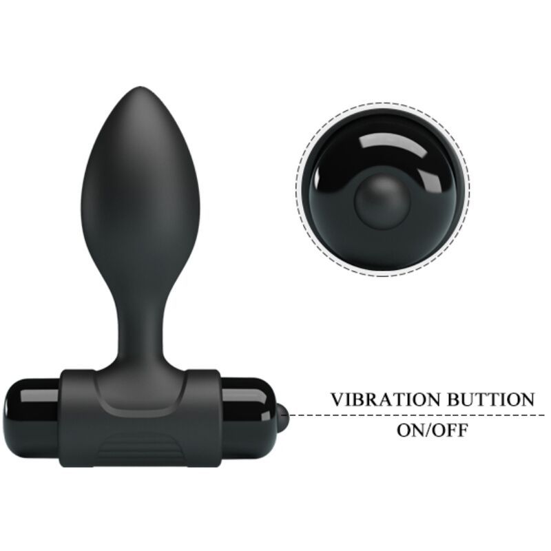 Tappo anale nero vibrante, in silicone, con manico e pulsante di vibrazione.