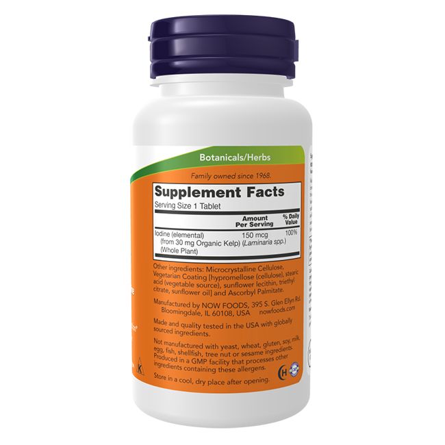 Flacone bianco con tappo blu. Etichetta con informazioni sul prodotto e ingredienti. Testo: NOW FOODS, Kelp, 150 mcg.