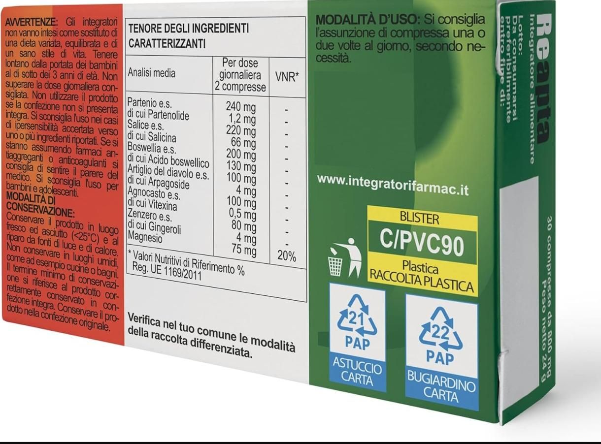 Retro della scatola Cisbani Pharma Reaptasi. Testo: '30 compresse'. Informazioni nutrizionali, istruzioni per l'uso, simboli di riciclo.
