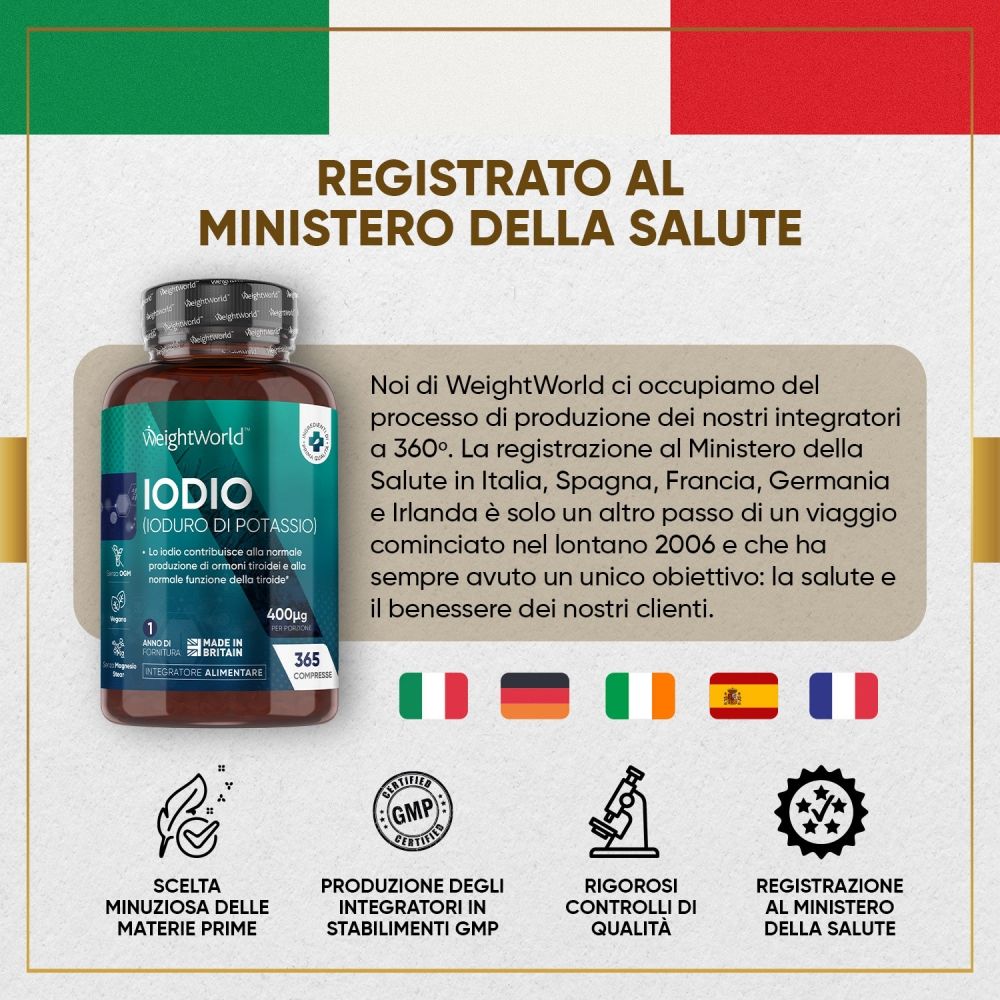 Bottiglia WeightWorld Iodio con testo. Testo: Registrato al Ministero della Salute. 365 compresse.
