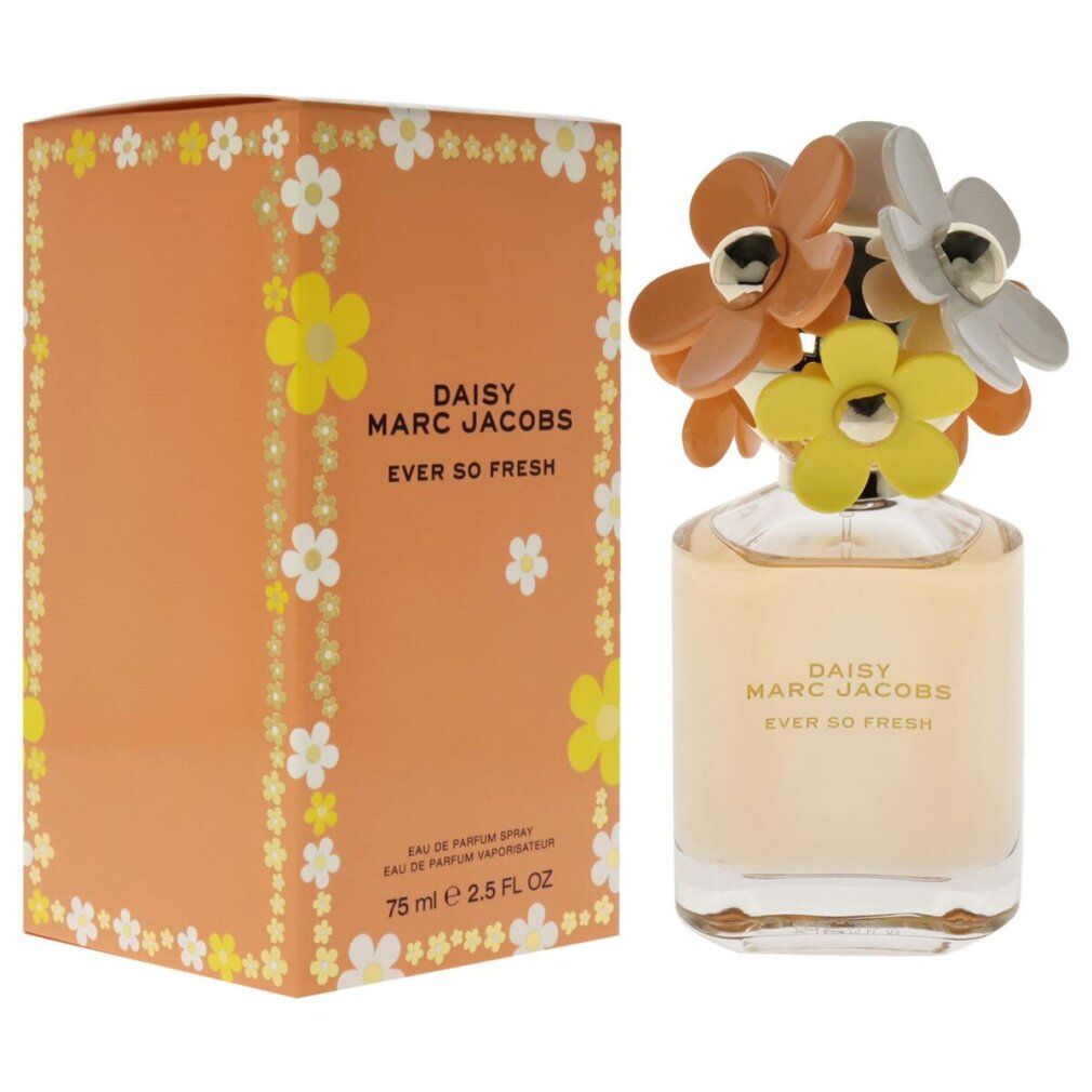 Flacone di profumo con tappo a fiore e confezione arancione. Scritta: Daisy Marc Jacobs Ever So Fresh.
