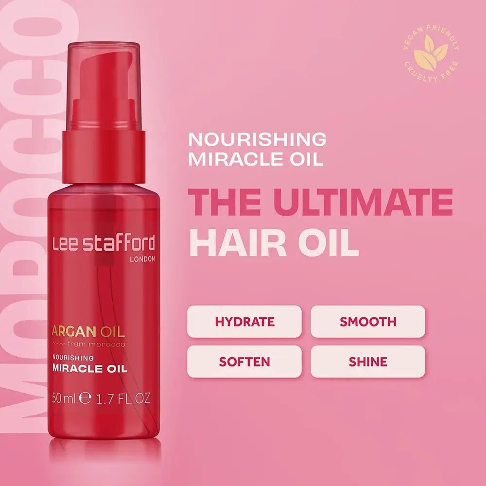 Flacone rosso Olio di Argan Lee Stafford, 'The Ultimate Hair Oil', vegan.