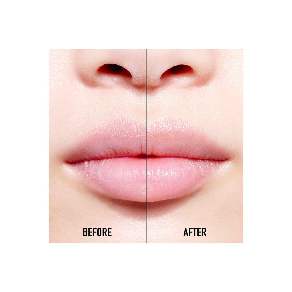 Viso diviso. A sinistra: labbra prima dell'applicazione. A destra: labbra dopo l'applicazione. Testo: BEFORE, AFTER.