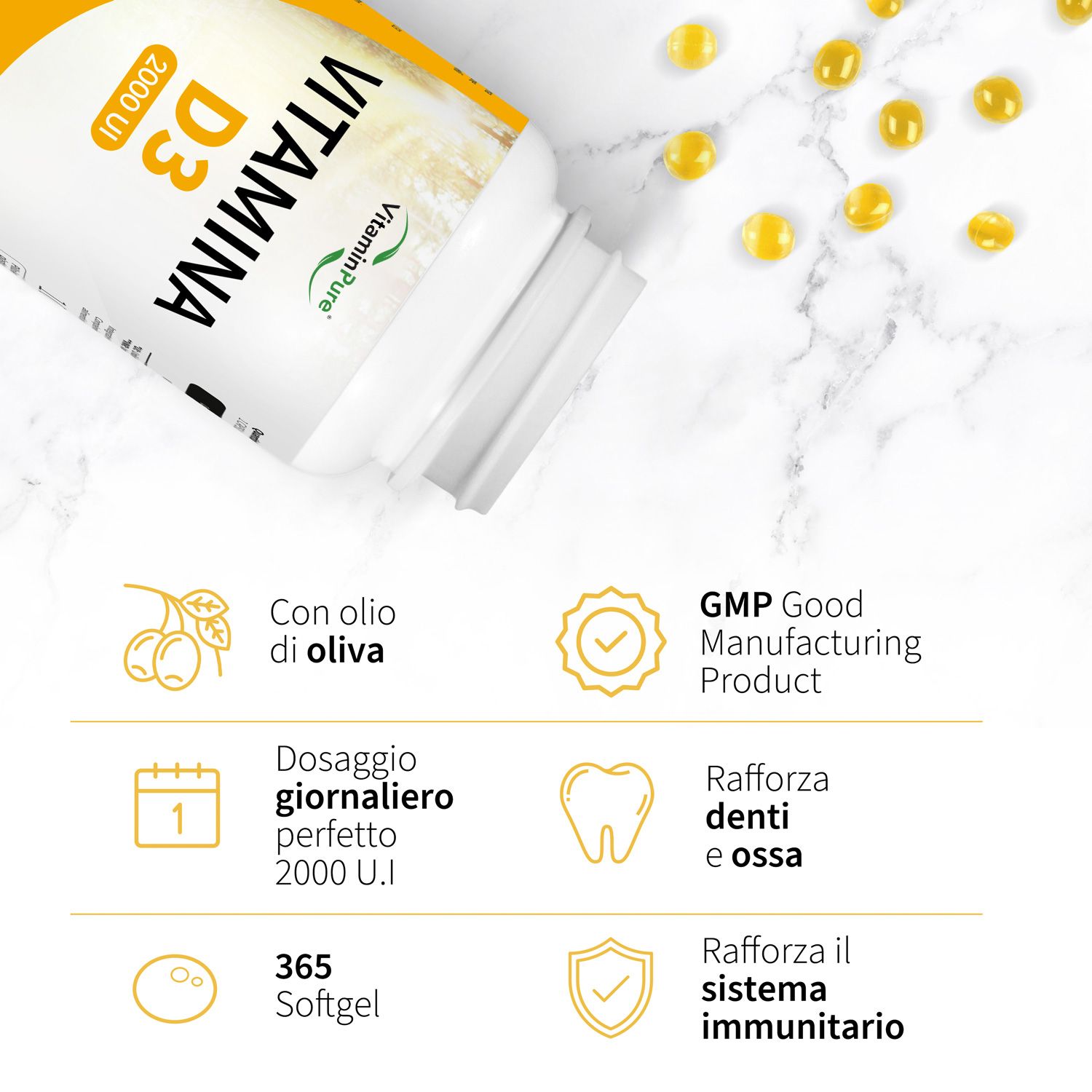 Flacone VitaminPure® Vitamina D3 2000 UI. Testo: Con olio d'oliva, 365 softgel, GMP, dosaggio.