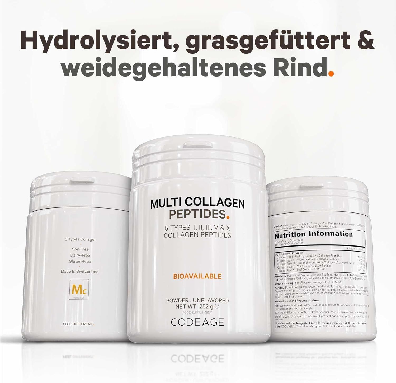 Tre contenitori di polvere bianca. 'Multi Collagen Peptides'. Contiene 5 tipi di collagene. Marchio: Codeage.