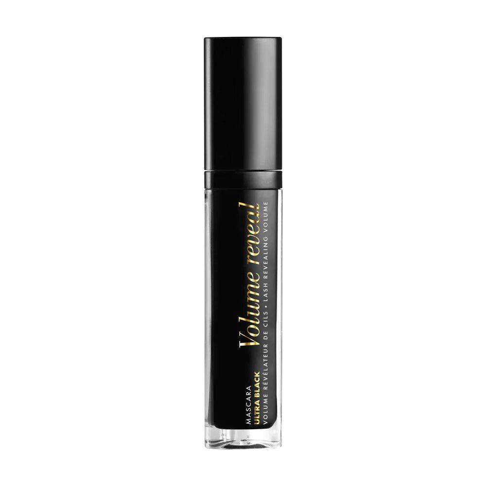 Tubo di mascara nero con tappo nero. Scritta: Volume Reveal, Ultra Black. Base trasparente.