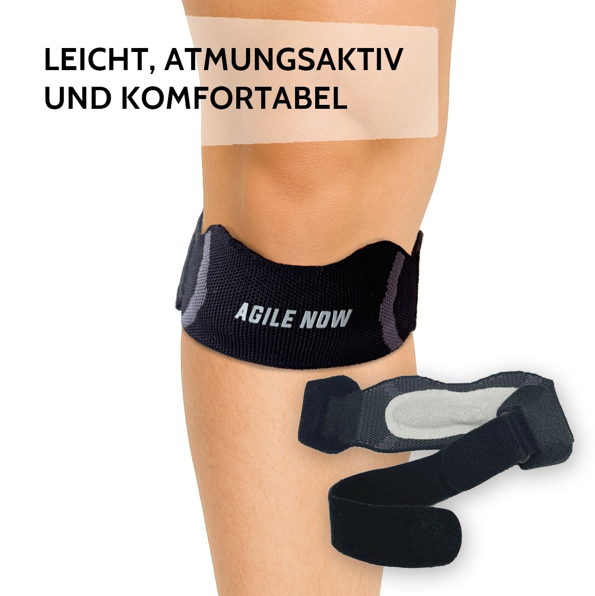 Ginocchiera sulla gamba. Testo: AGILE NOW. Testo: LEGGERA, TRASPIRANTE E CONFORTEVOLE. Ginocchiera aggiuntiva.