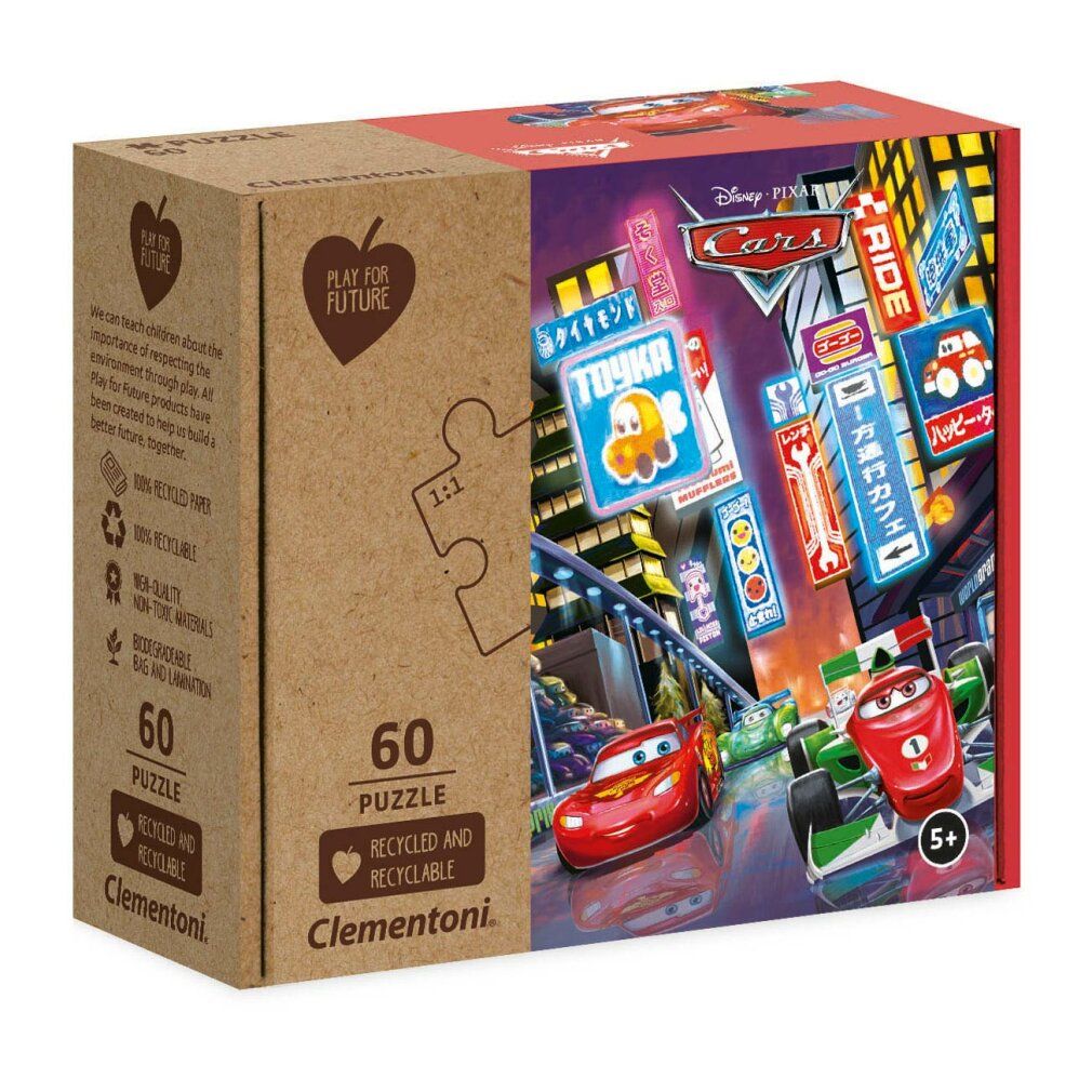 Scatola puzzle Clementoni. 60 pezzi. Motivo Cars. Imballaggio riciclato. Logo Play for Future. Età consigliata 5+. Logo Clementoni.
