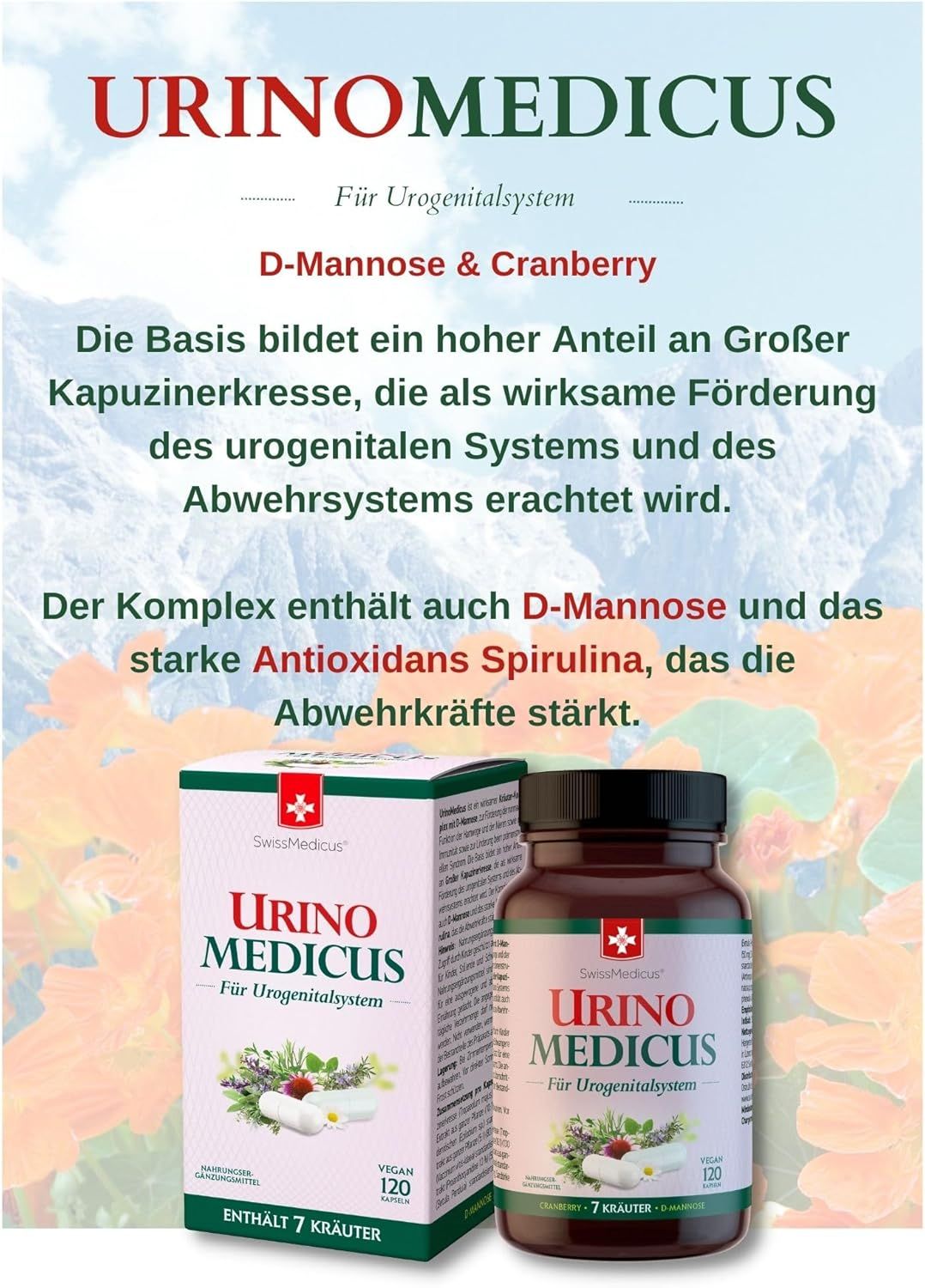 Confezione e flacone di Urino Medicus. Scritta: 120 capsule, vegano. Testo: D-Mannosio e Mirtillo rosso.