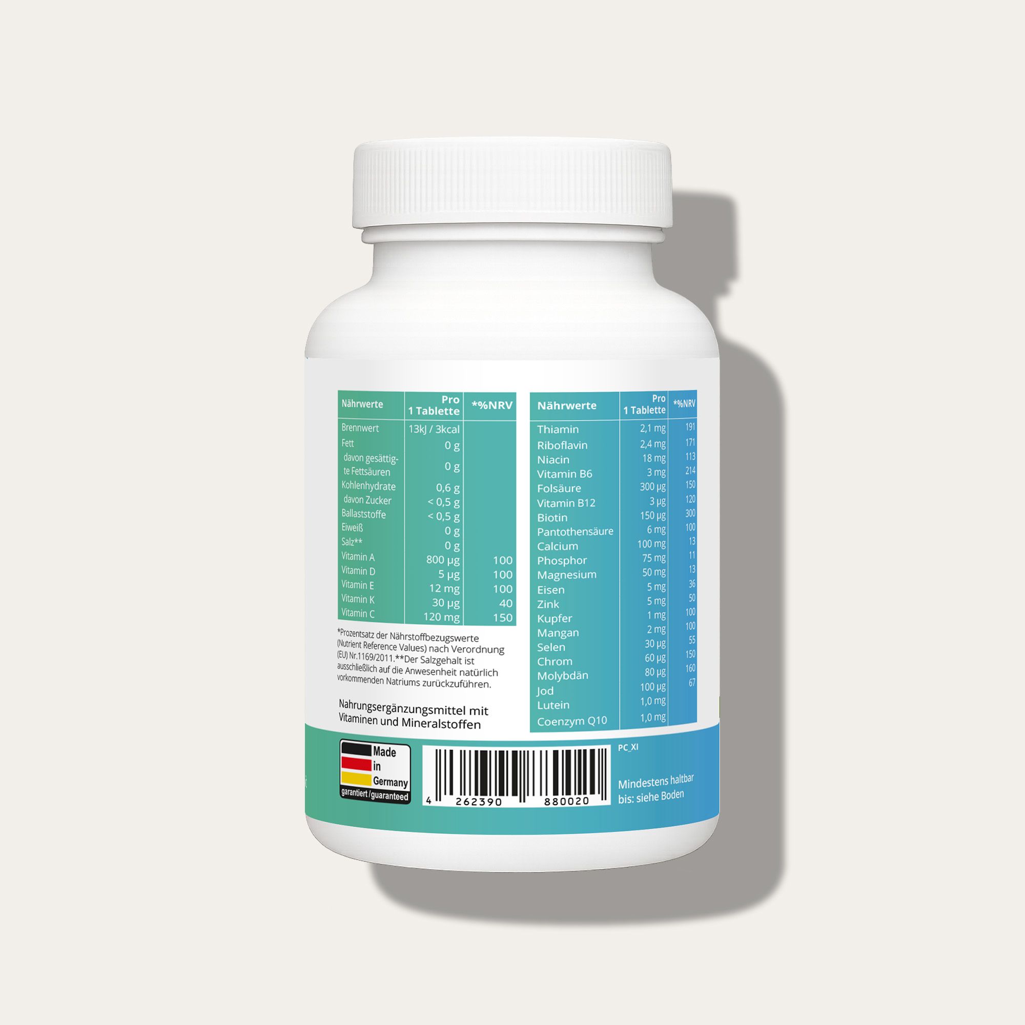 Flacone di compresse bianco con etichetta blu-verde. Informazioni nutrizionali e ingredienti stampati. Prodotto in Germania.