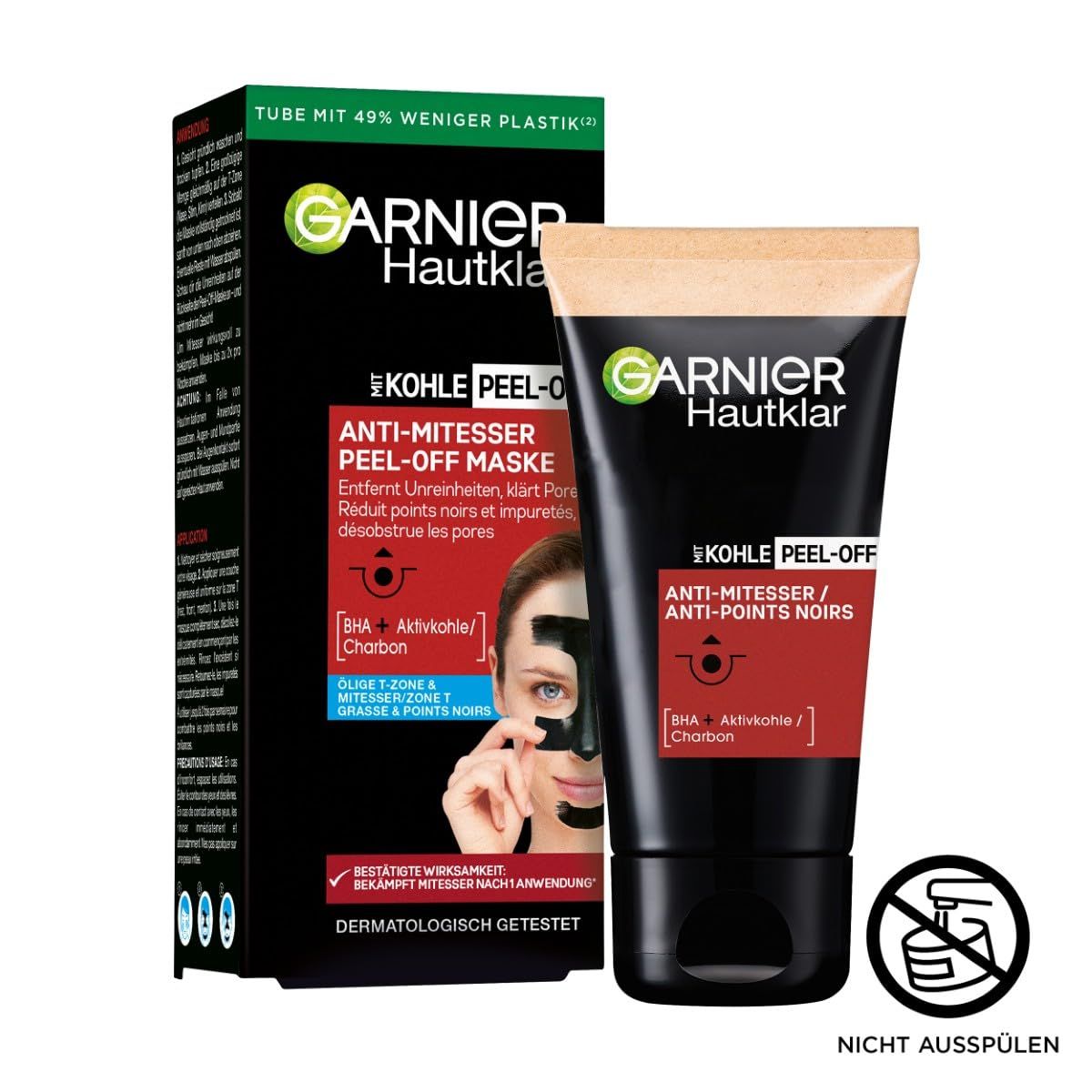 Garnier Hautklar Kohle Maschera peel-off e confezione. Testo: Maschera peel-off anti-punti neri. Non risciacquare.