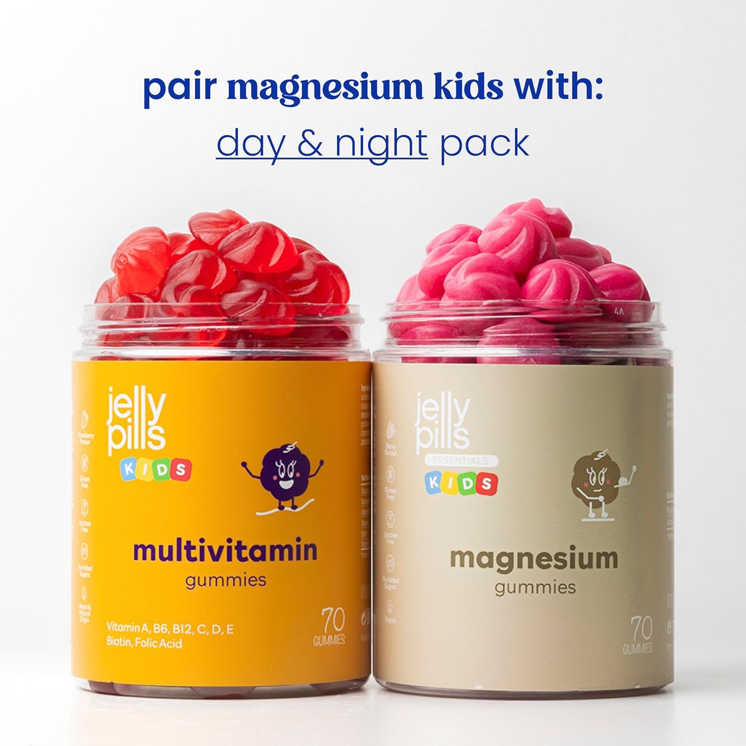 Due barattoli di caramelle gommose: Multivitaminico e Magnesio. Entrambi con 70 caramelle gommose. Scritta: Jelly Pills Kids.