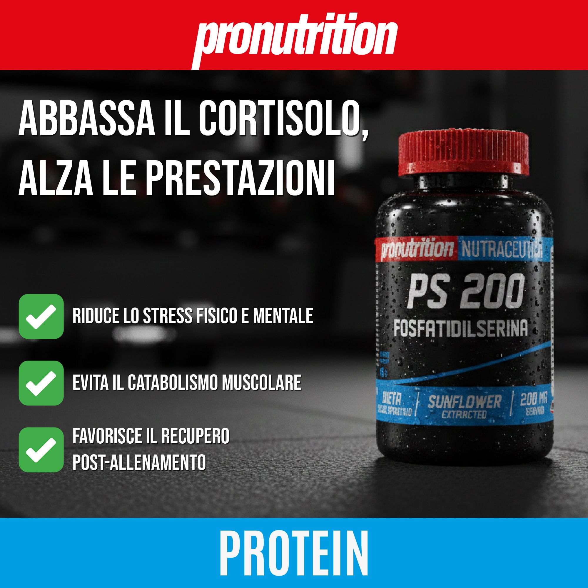 Flacone nero con tappo rosso. Scritta PS 200, Fosfatidilserina. Scritta Proteine.