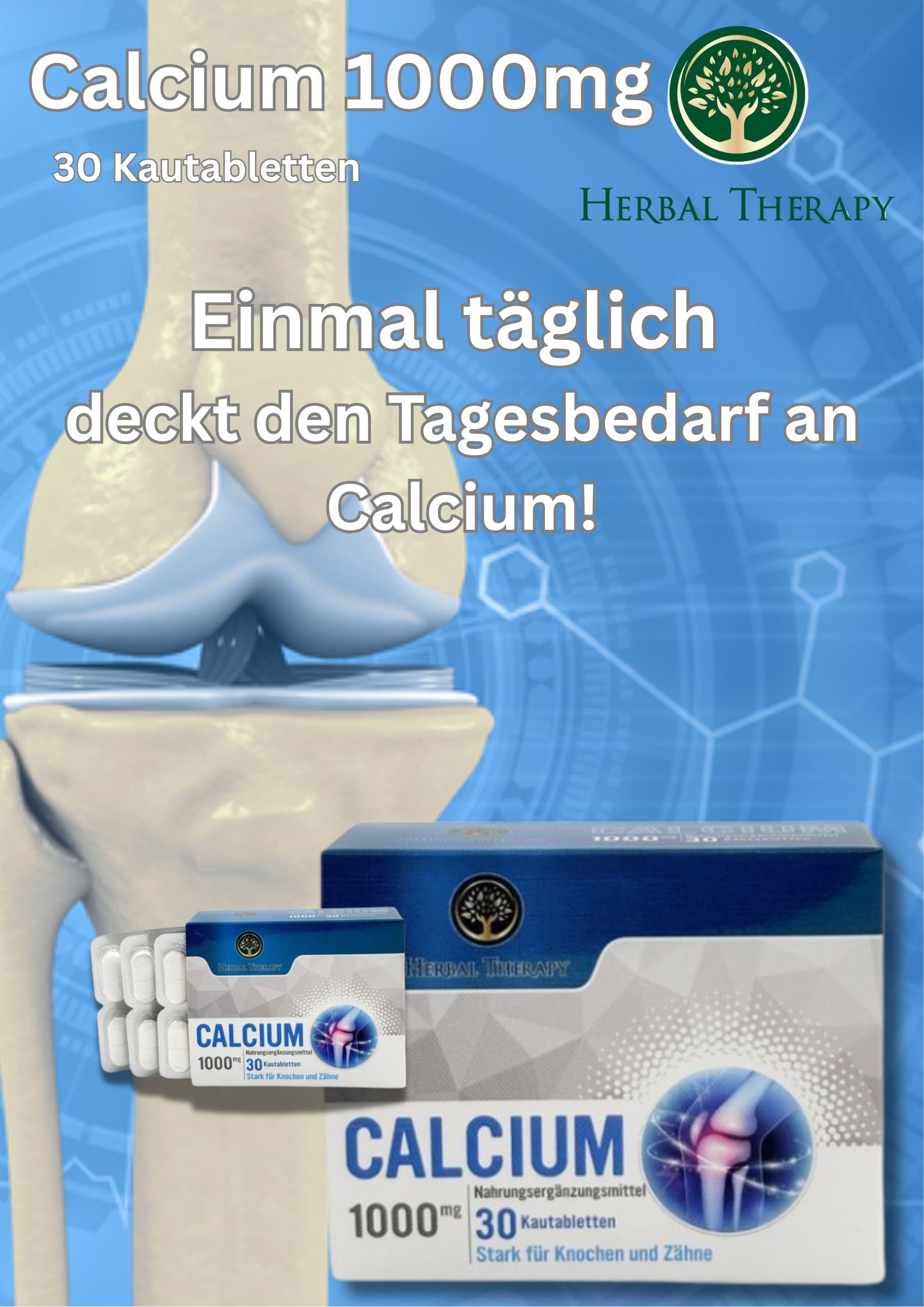 Immagine pubblicitaria per Herbal Therapy Calcium 1000 mg. Mostra confezione e blister. Testo: Calcium 1000mg, 30 compresse.
