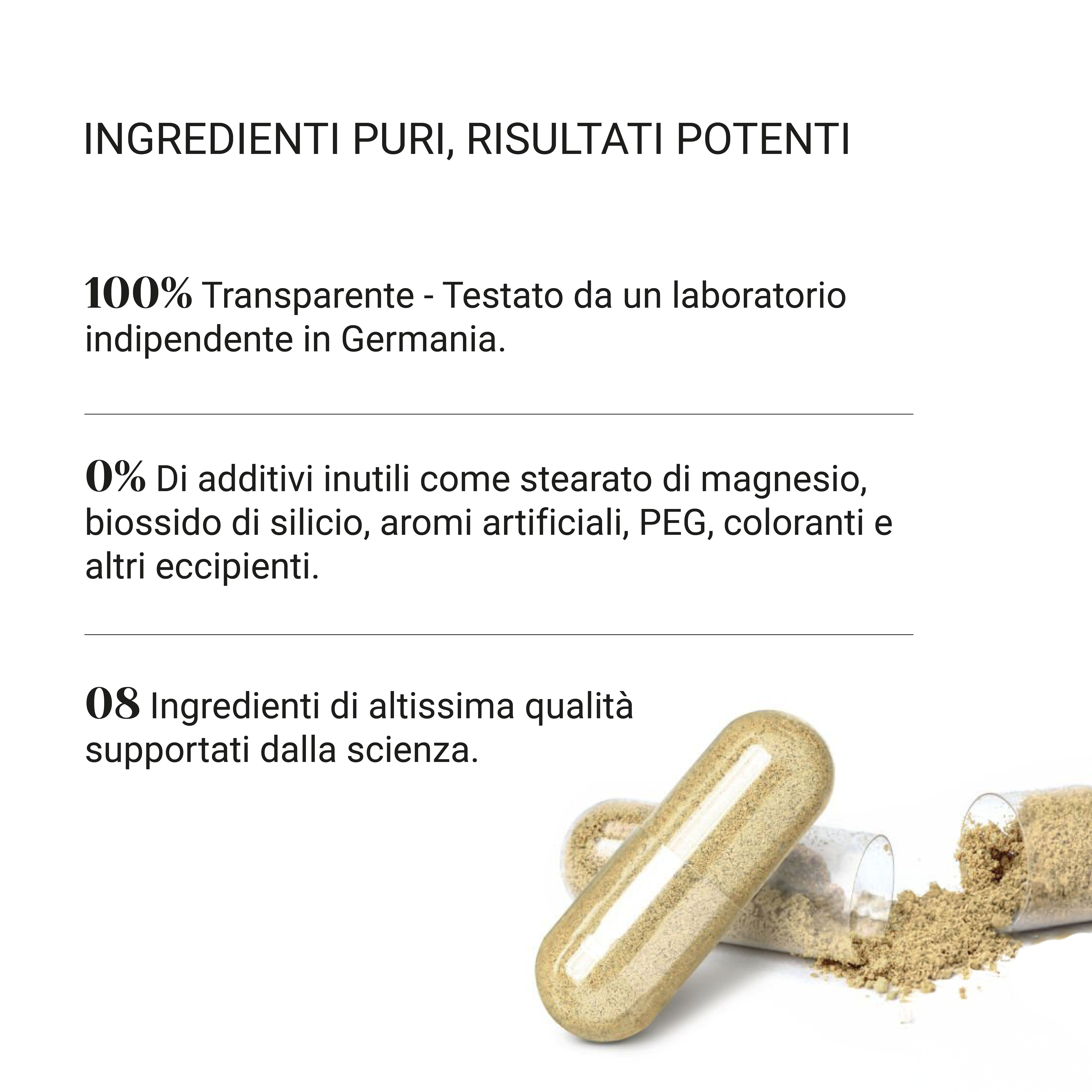 Capsula e polvere. Testo: 100% trasparente, testato in Germania. Senza additivi inutili. 8 ingredienti di alta qualità.