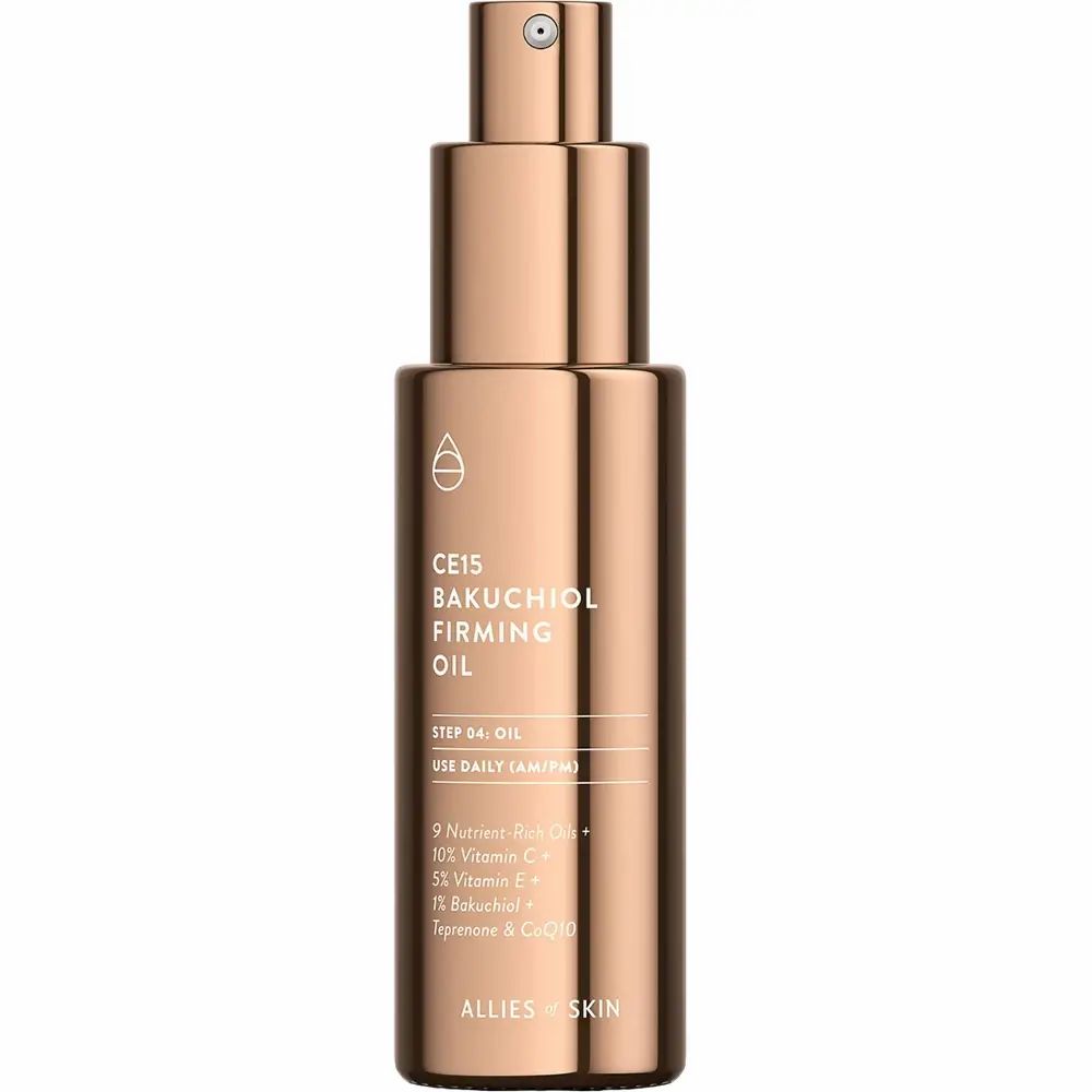 Flacone di olio color rame con nome del prodotto e ingredienti. Su sfondo bianco.