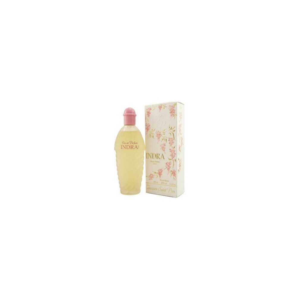 Flacone di profumo e confezione. Flacone con tappo rosa, accanto alla confezione con motivo floreale e testo.