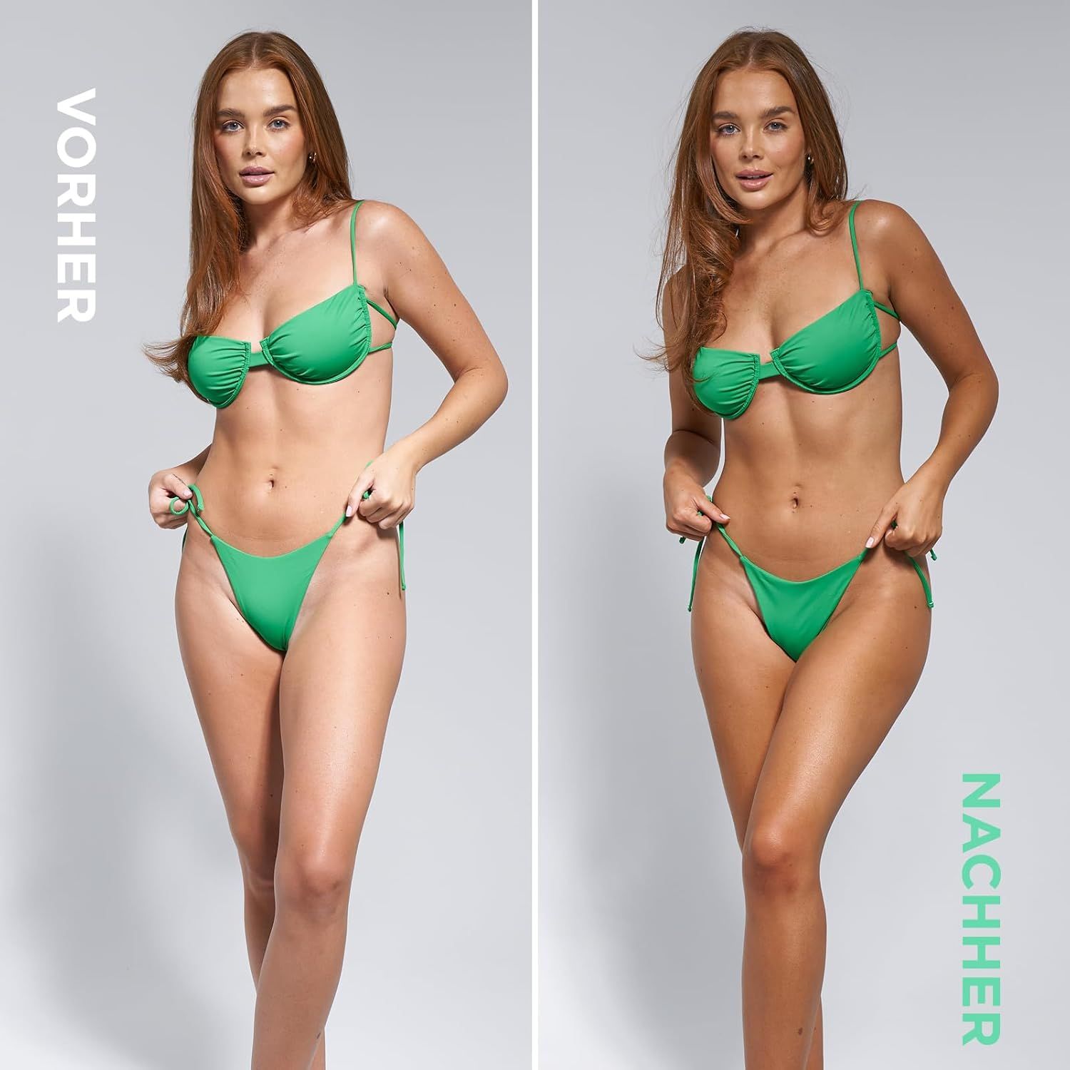 Confronto prima-dopo. Donna in bikini verde. A sinistra: pelle chiara. A destra: pelle abbronzata. Testo: Prima/Dopo.