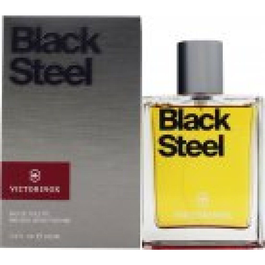 Flacone di profumo e confezione. Flacone con tappo argentato, liquido giallo. Confezione con logo e testo: Black Steel.