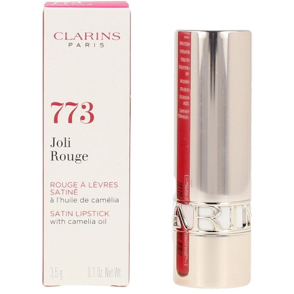 Rossetto e confezione. Sulla confezione: 773 Joli Rouge, Rouge à Lèvres Satiné, 3,5 g. Sul rossetto: CLARINS.