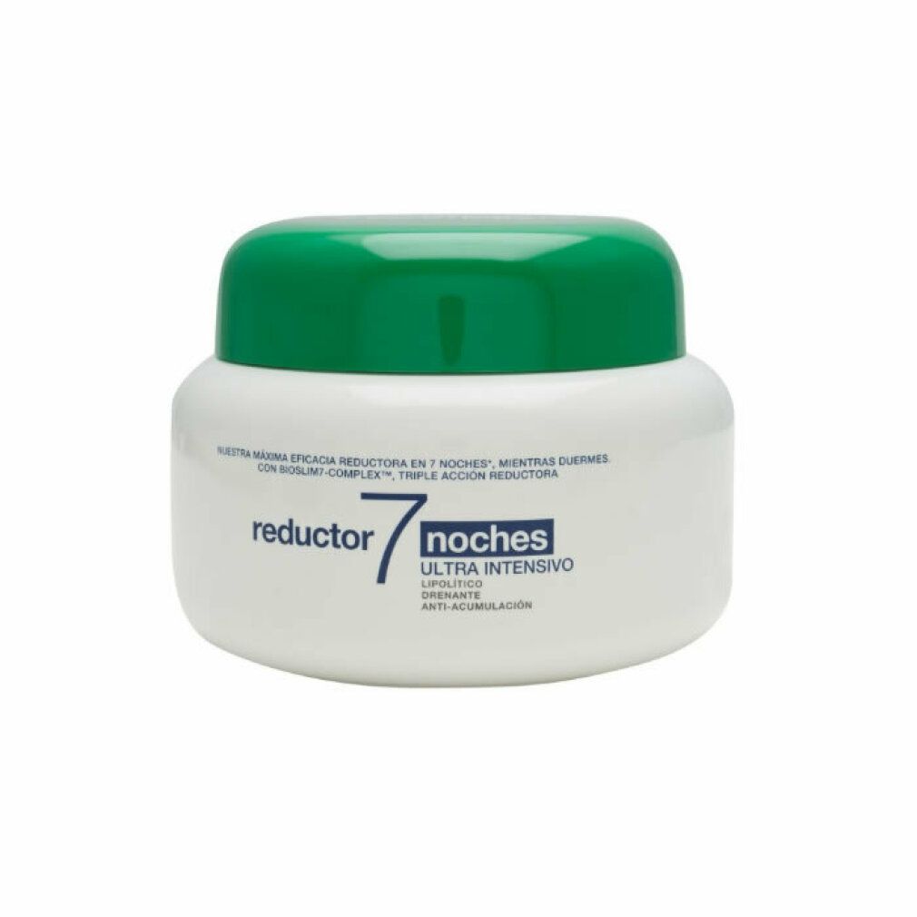 Vasetto bianco, coperchio verde. Scritta: Reductor 7 Noches Ultra Intensivo. Lipolítico.