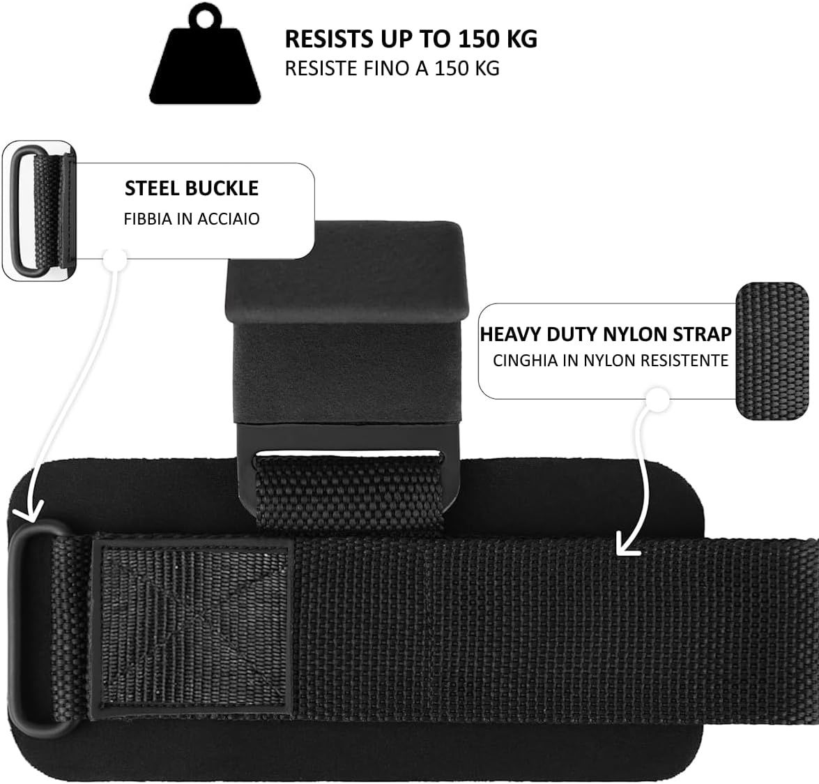 Cinghia per sollevamento pesi con fibbia in acciaio e cinghia in nylon. Testo: Resiste fino a 150 kg.