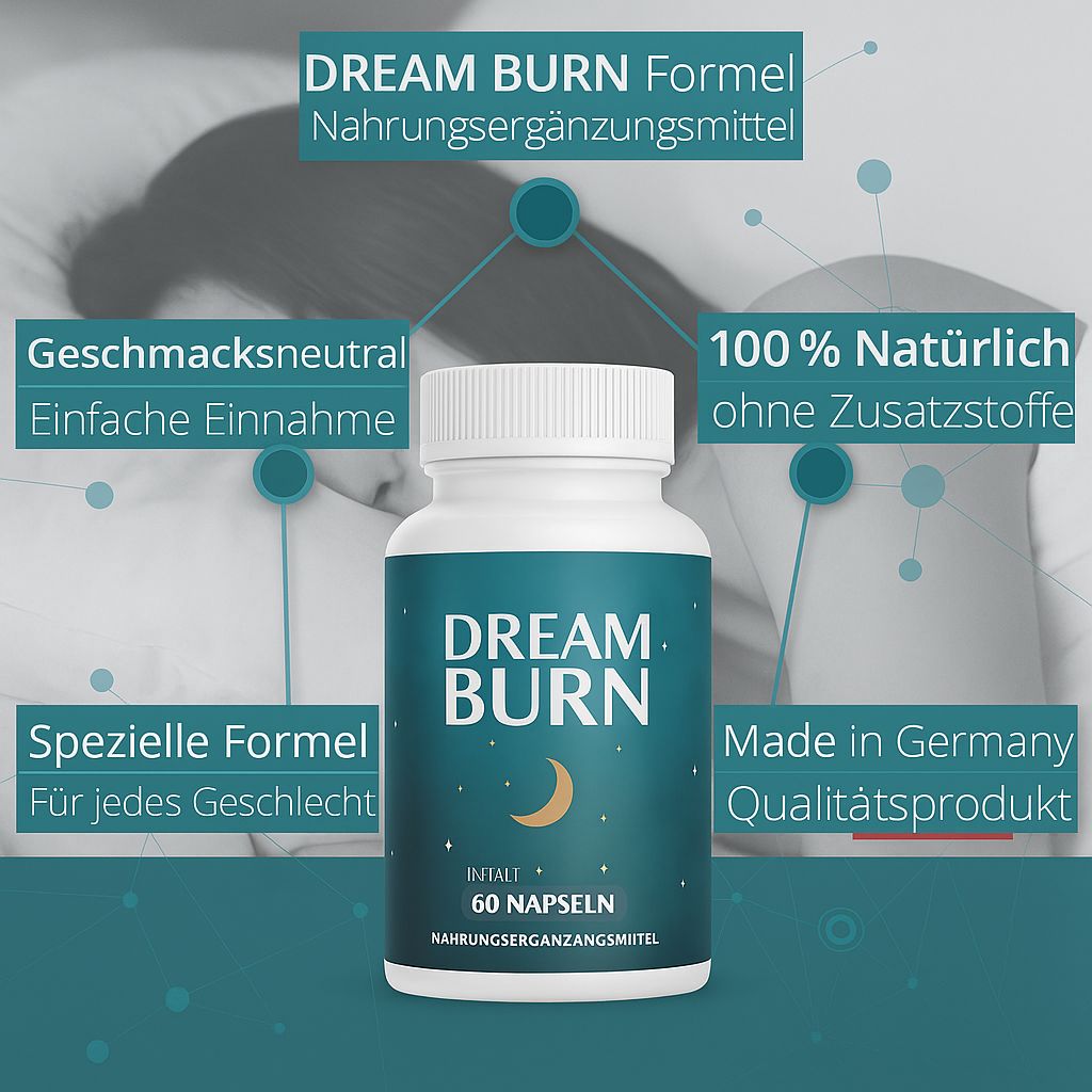 Flacone bianco con etichetta blu. DREAM BURN, simbolo della luna, 60 capsule. Testo: Formula speciale, 100% naturale, Made in Germany.