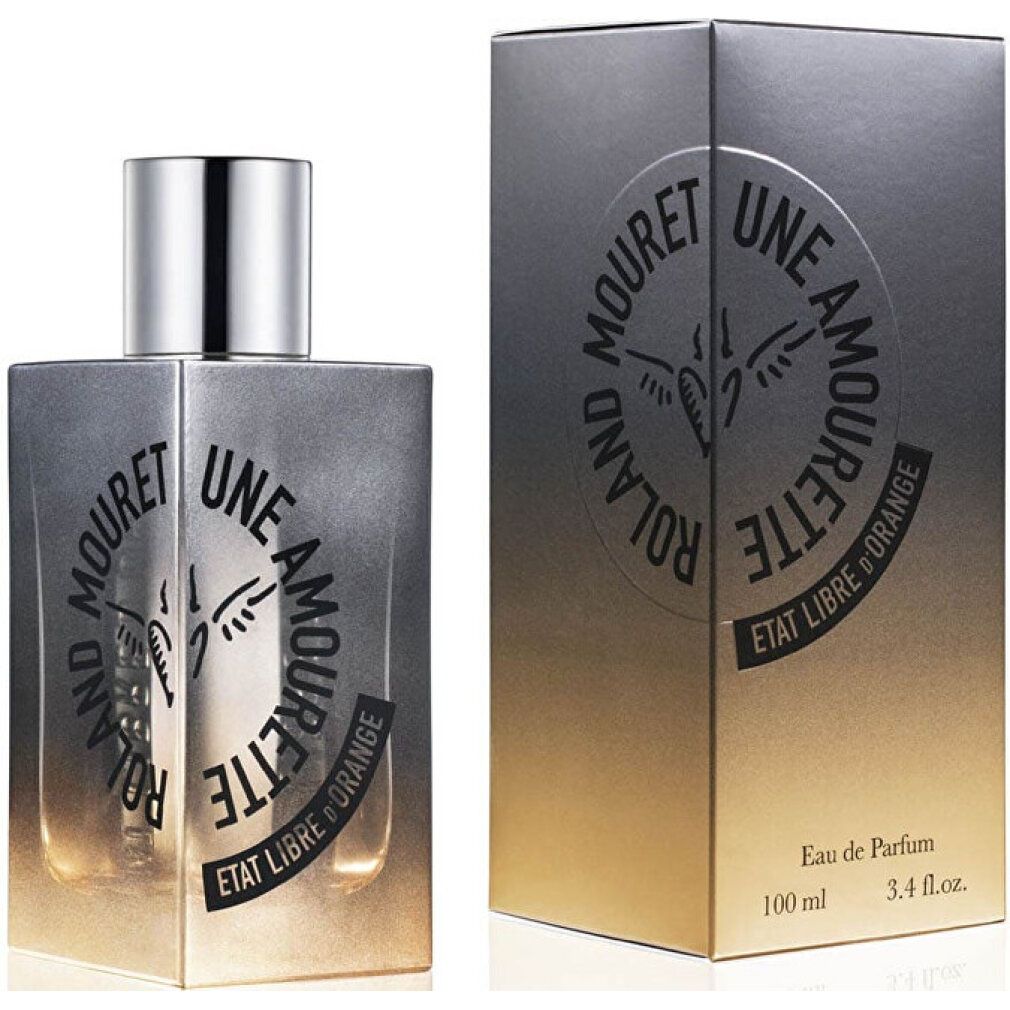 Flacone di profumo e scatola. Scritta: UNE AMOURETTE, ETAT LIBRE D'ORANGE. Sfumatura da grigio a giallo. 100 ml.