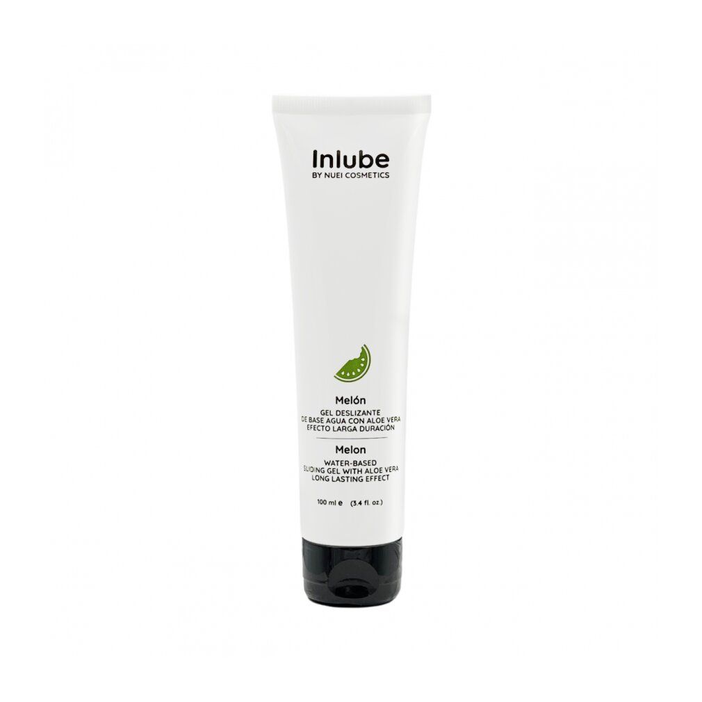 Tubo bianco con tappo nero, fette di melone. Scritta: Inlube, Melon, gel lubrificante all'aloe vera.
