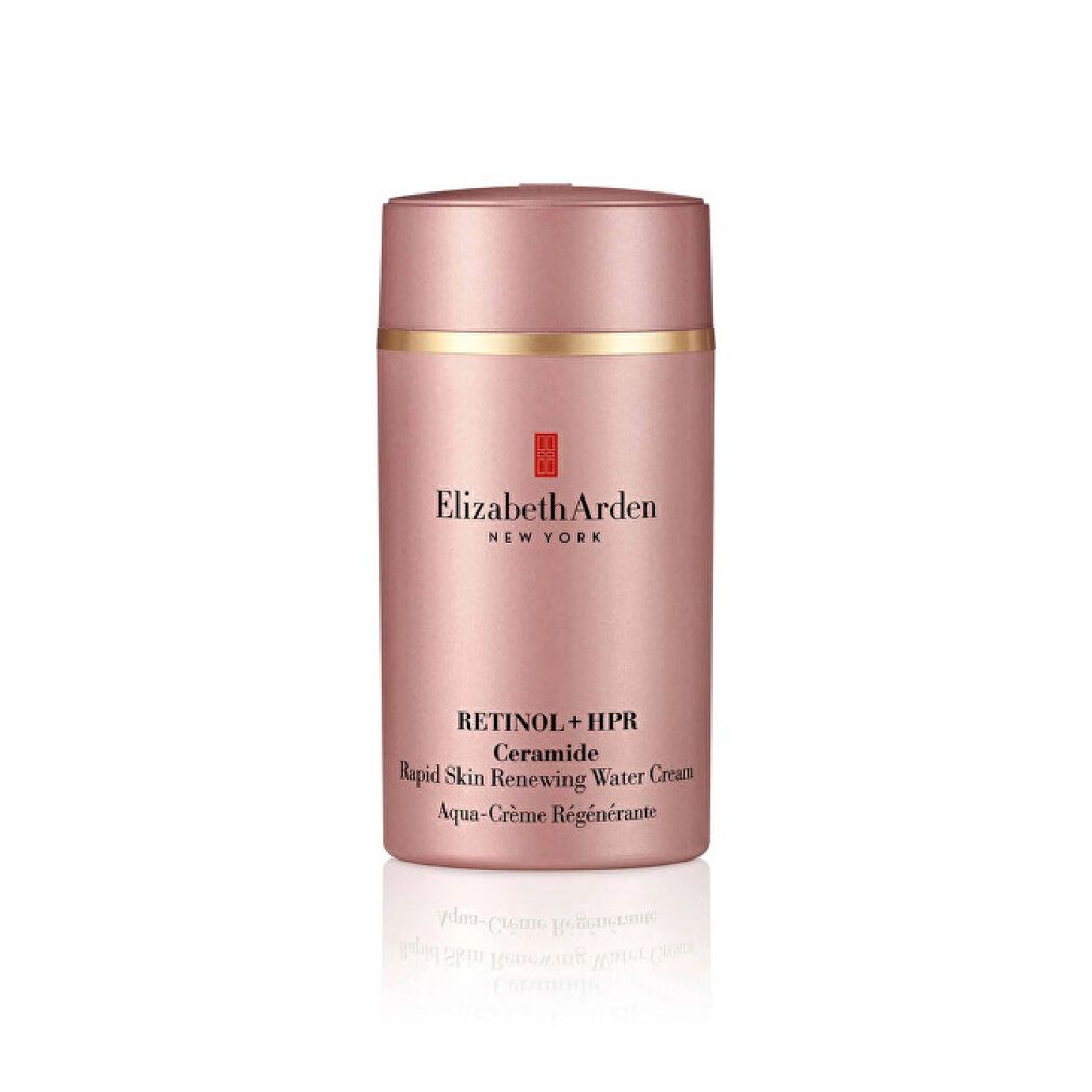 Tubo di crema rosa con coperchio dorato. Testo: Elizabeth Arden, Retinol + HPR Ceramide.