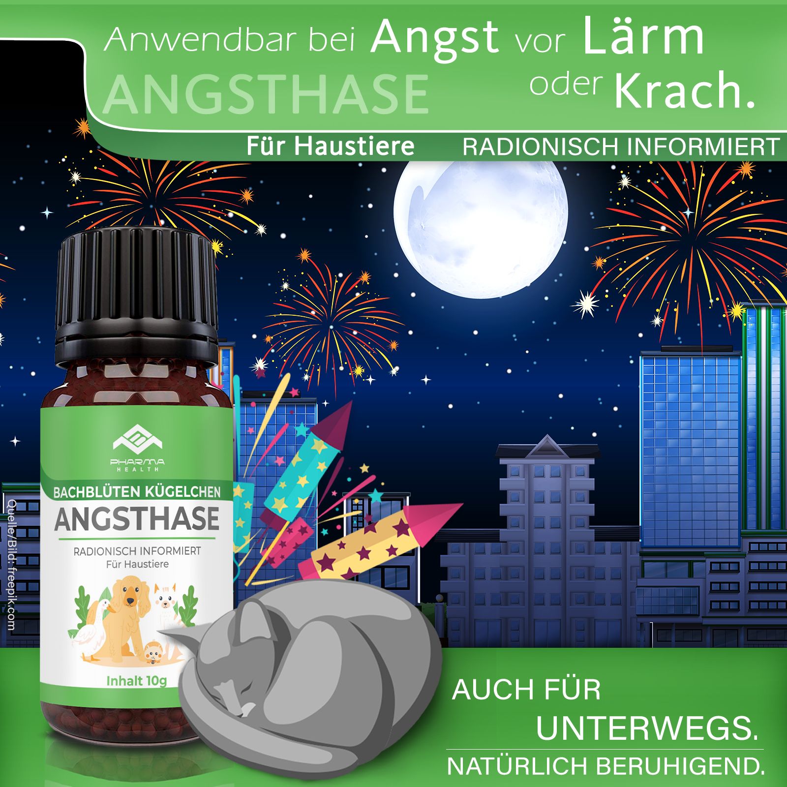 Flacone del prodotto davanti a una scena notturna con fuochi d'artificio e gatto. Testo: Angsthase, per animali, anche in viaggio.