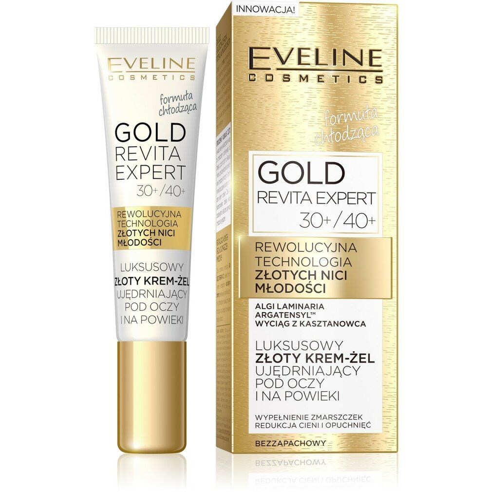 Tubo e scatola di crema-gel 'Eveline Cosmetics Gold Revita Expert 30+/40+'. Confezione dorata. Testo in polacco.