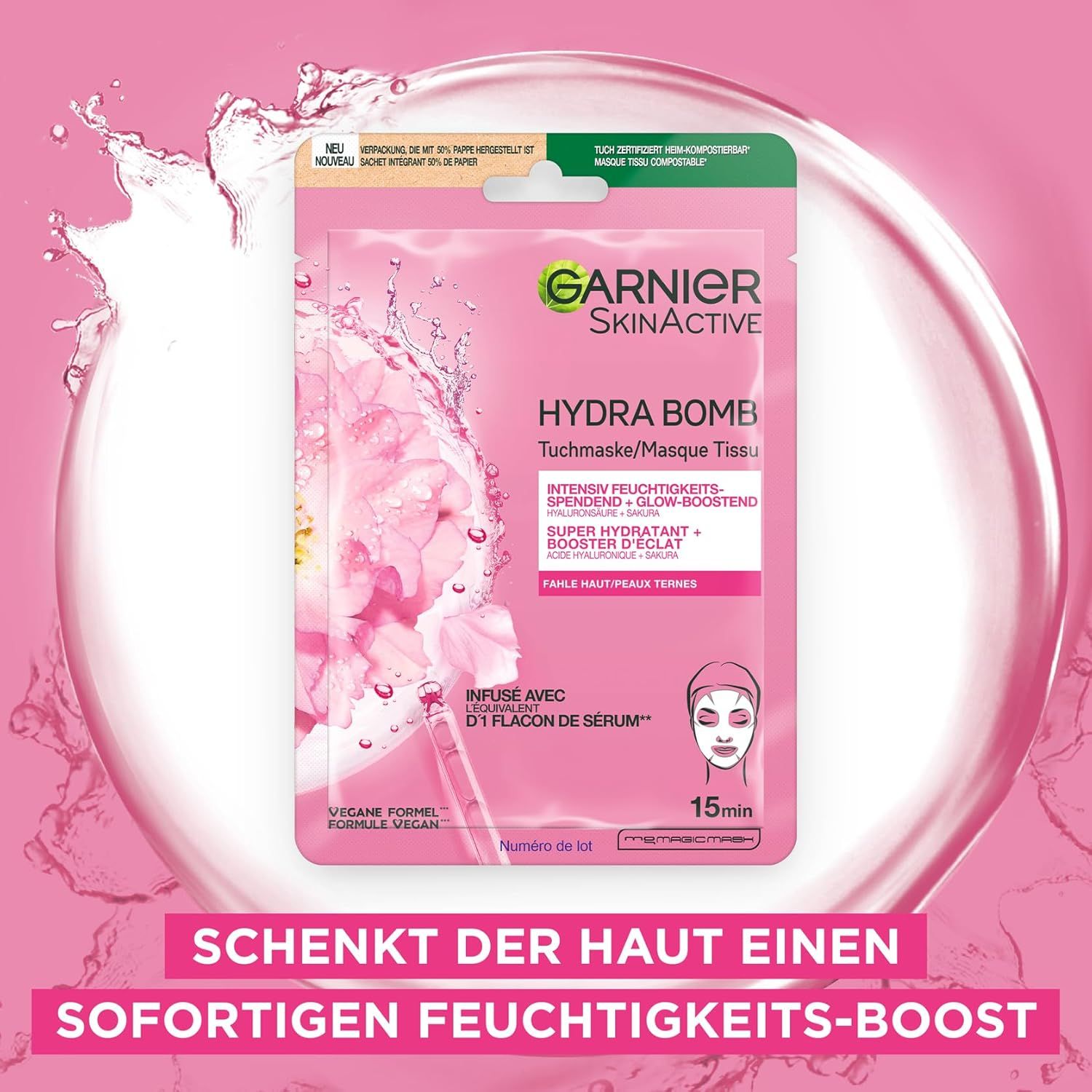Maschera in tessuto Garnier SkinActive Hydra Bomb rosa. Confezione con immagine del prodotto e testo. Scritta: Idratazione intensa.