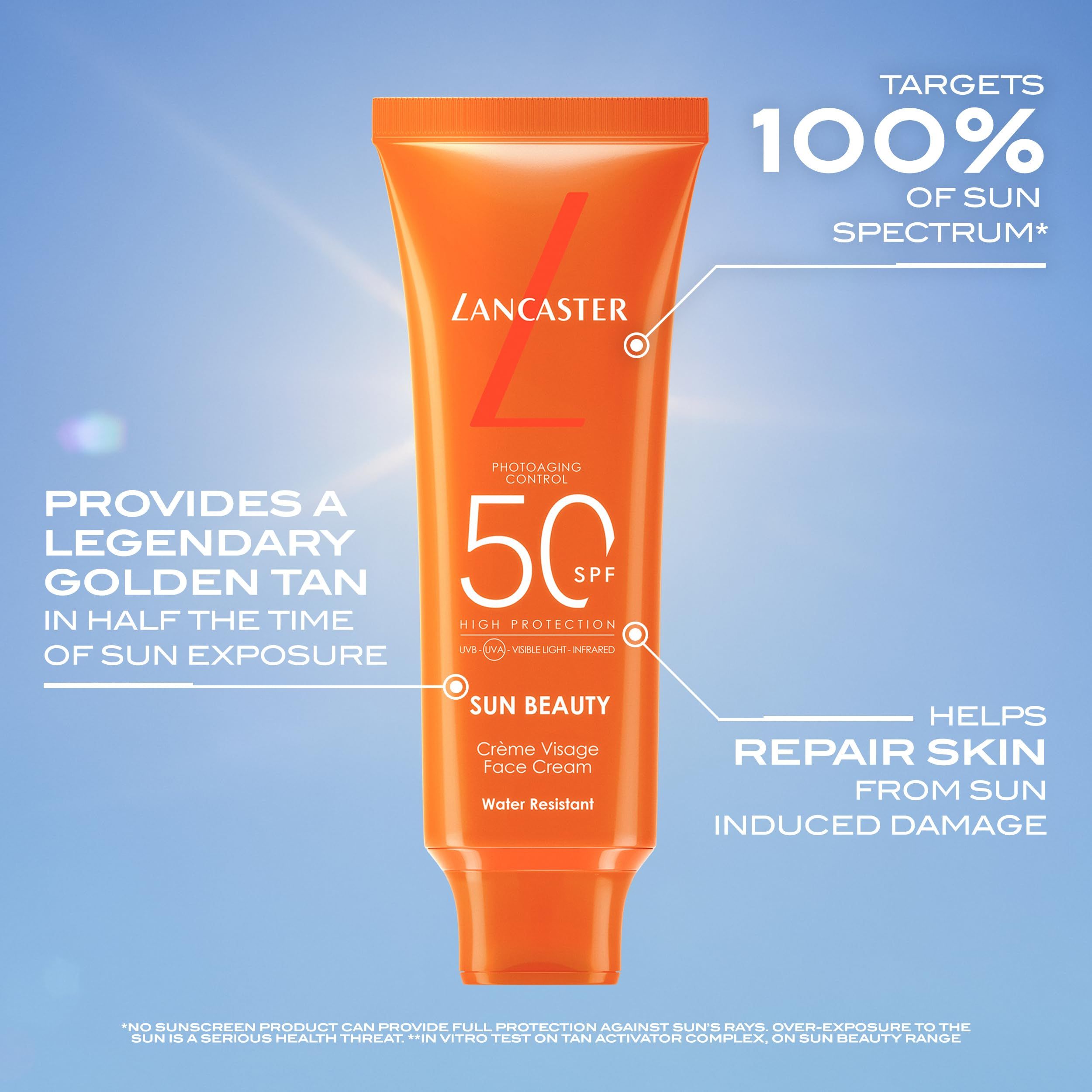 Tubo di crema solare con testo e grafica. Testo: Lancaster, Sun Beauty, SPF 50, Alta protezione.