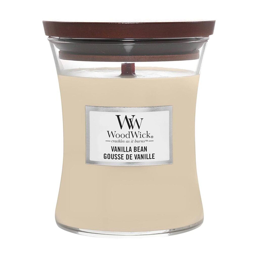 Candela a forma di clessidra con coperchio. Scritta: WoodWick, Vanilla Bean.