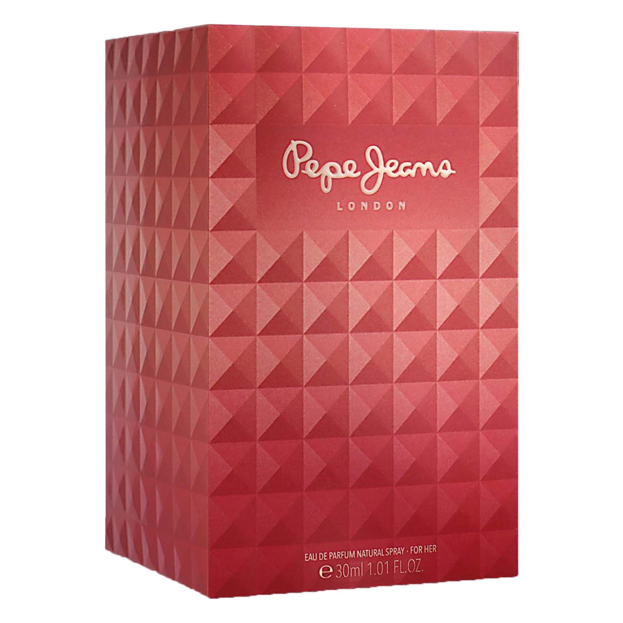 Confezione rossa con motivo geometrico. Marchio: Pepe Jeans London. Testo: Eau de Parfum Natural Spray for Her. E 30ml 1.01 FL.OZ.