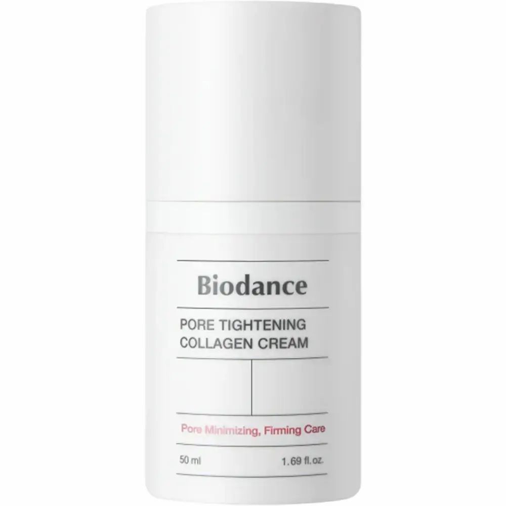 Flacone cilindrico bianco con "Biodance Pore Tightening Collagen Cream". Testo: Pore Minimizing, Firming Care. 50 ml.