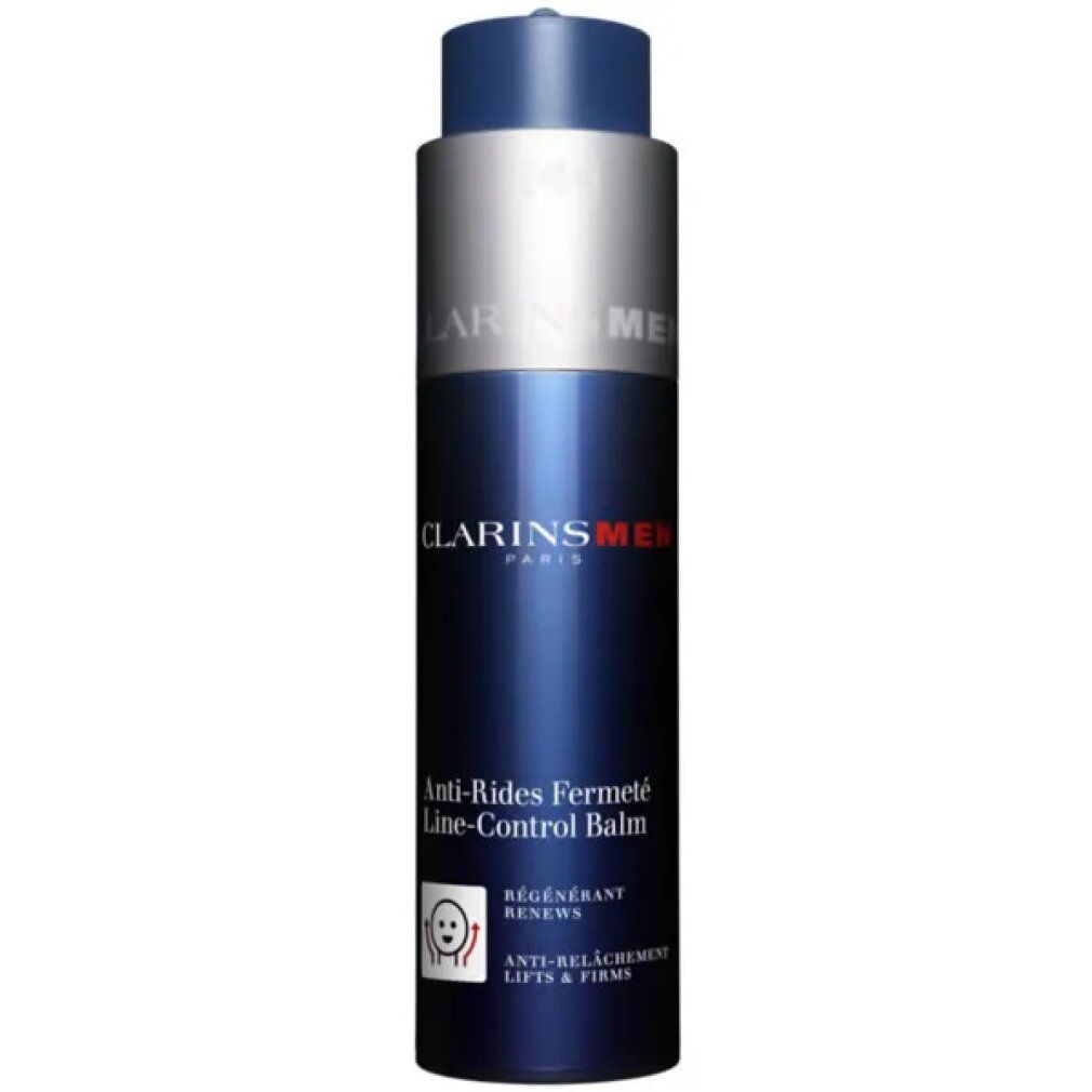 Flacone blu-argento con scritta "CLARINS MEN" e "Anti-Rides Fermeté Line-Control Balm". Logo e testo bianchi e rossi.