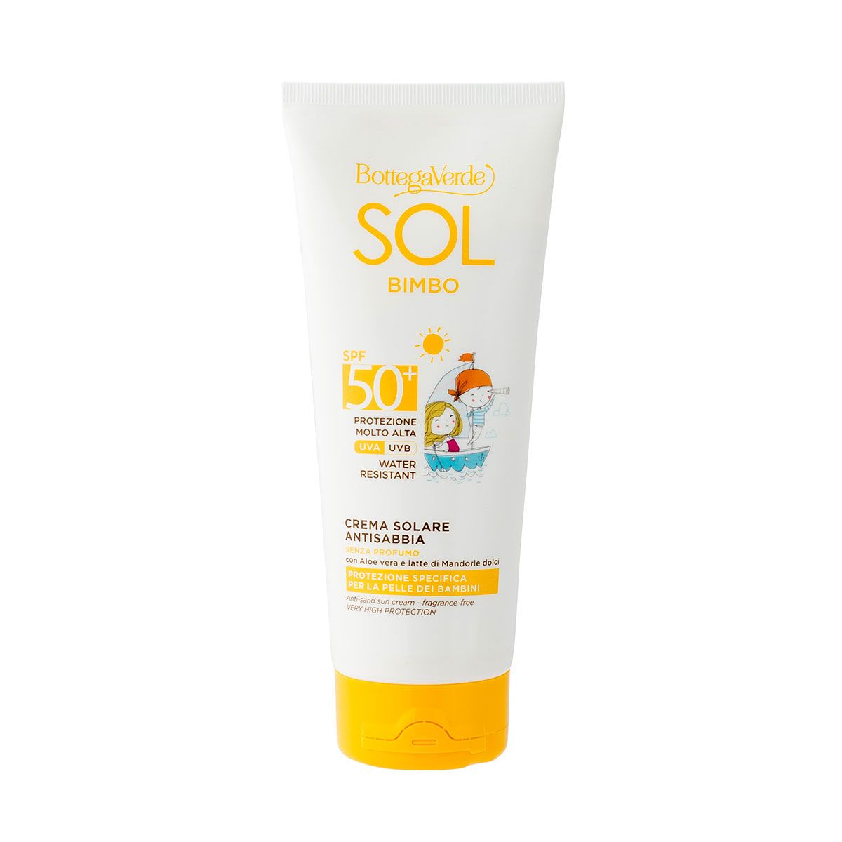 Tubo bianco con tappo giallo. Scritta SOL BIMBO, SPF 50+. Illustrazione di bambini su una barca. Testo: Crema solare antisabbia.