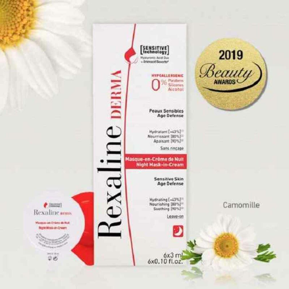 Confezione bianca con testo: Rexaline Derma, Masque-en-Crème de Nuit, Night Mask-in-Cream. 2019 Beauty Awards. Camomilla.