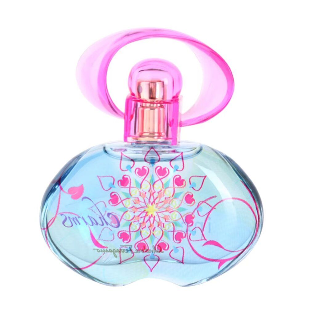 Flacone di profumo rotondo, blu-verde con decorazioni rosa. Tappo rosa. Scritta Charms.