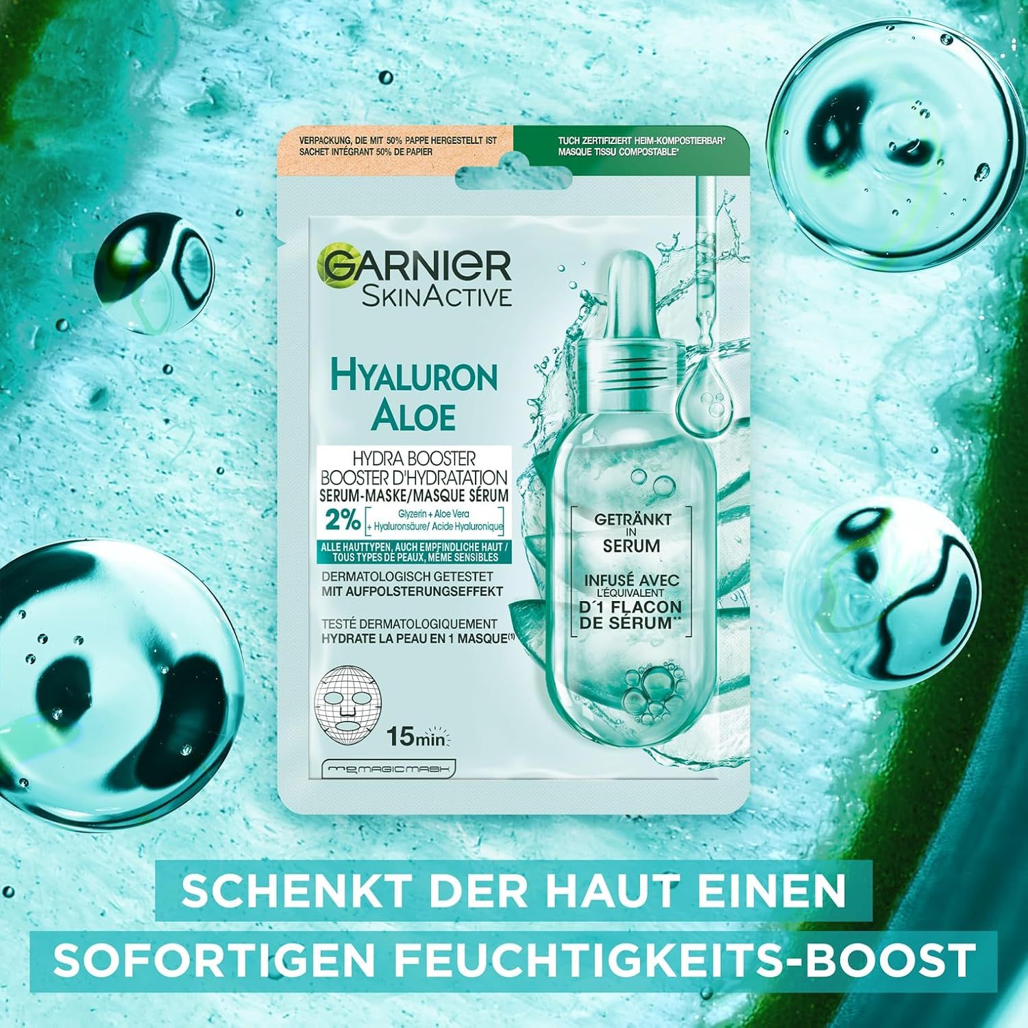 Garnier SkinActive Hyaluron Aloe Hydra Booster Serum-Maske. Confezione con immagine del prodotto e gocce di siero.