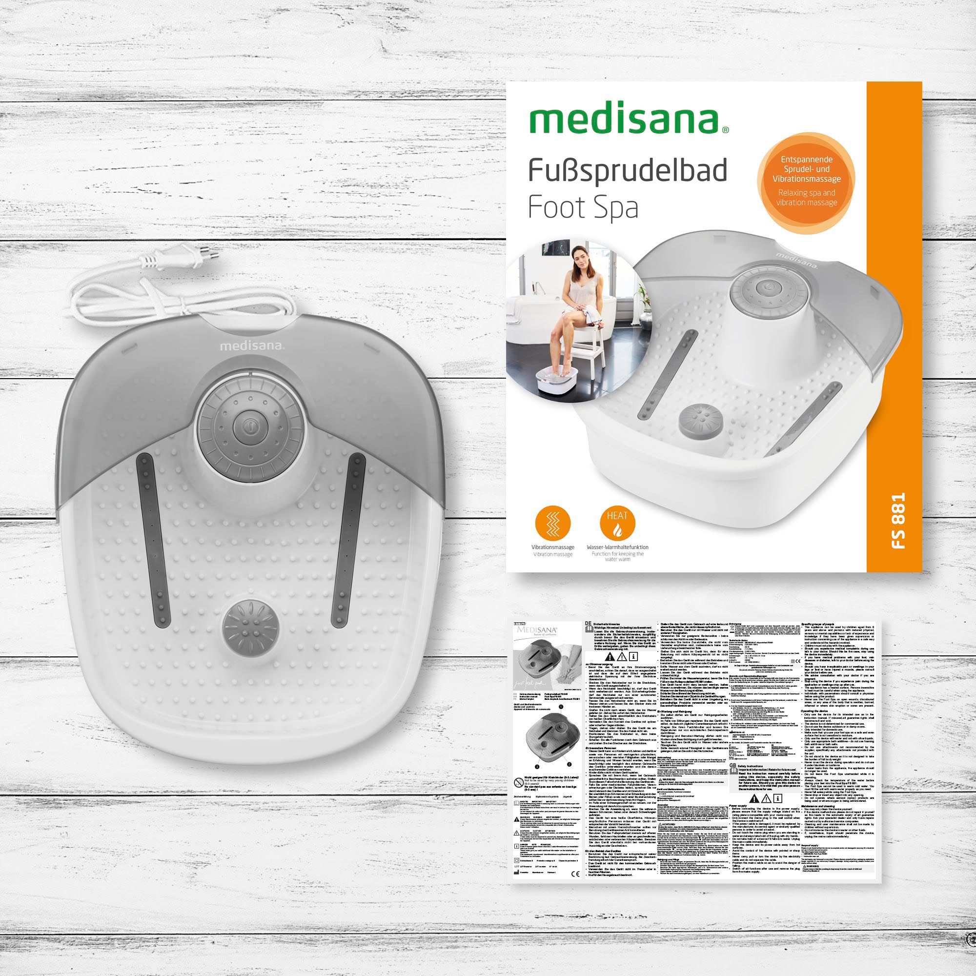 Idromassaggio per piedi con confezione. Dispositivo bianco e grigio, pannello comandi in alto. Confezione con immagine e testo: FS 881.