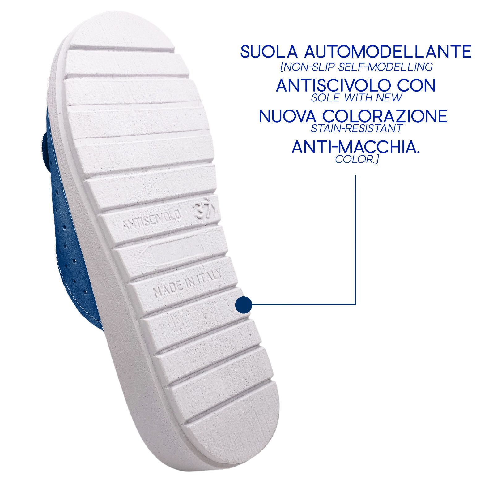 Suola del sandalo blu. Suola antiscivolo, taglia 37. Fatto in Italia.