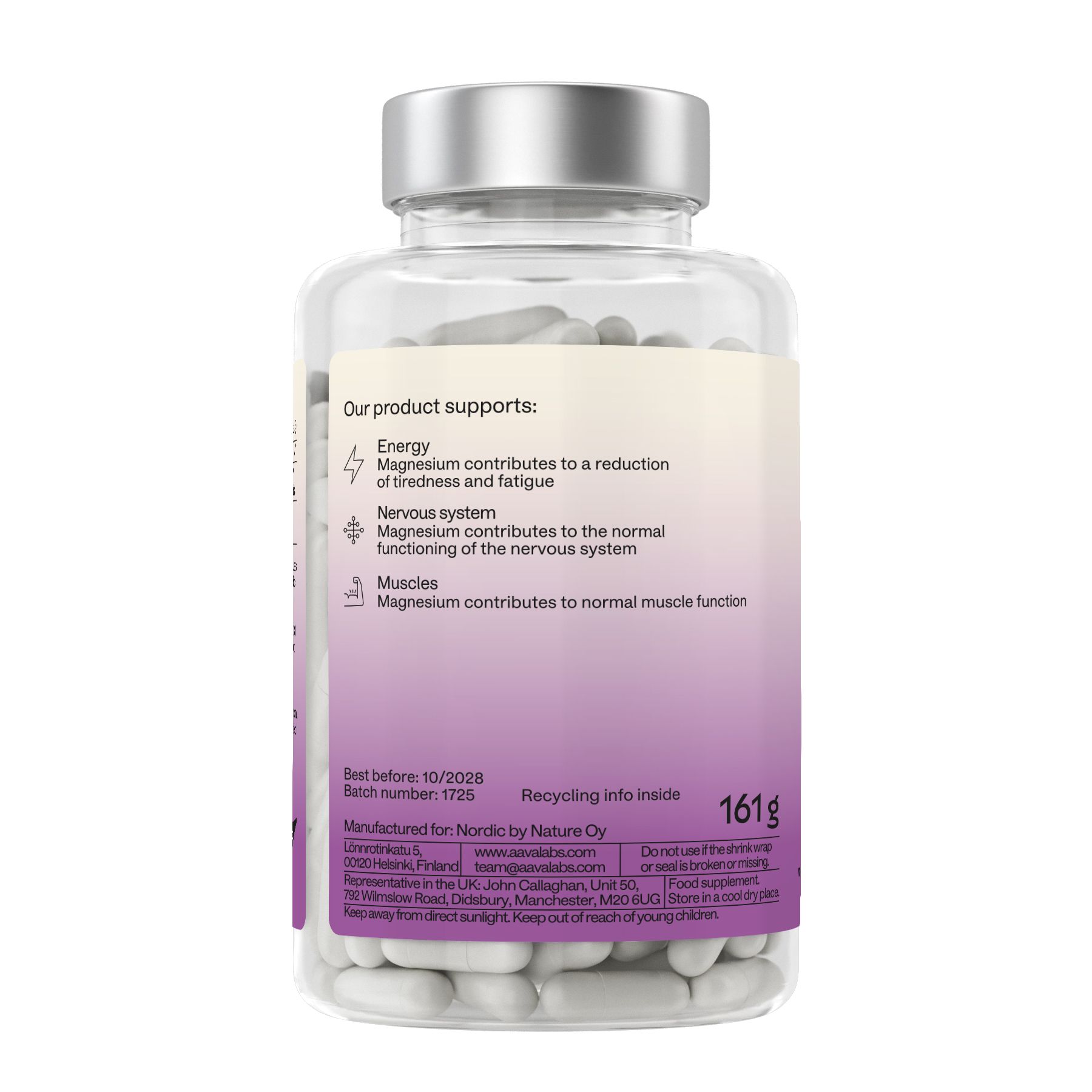 Retro del flacone con informazioni sul prodotto. Contiene informazioni sugli ingredienti e sul valore nutrizionale.