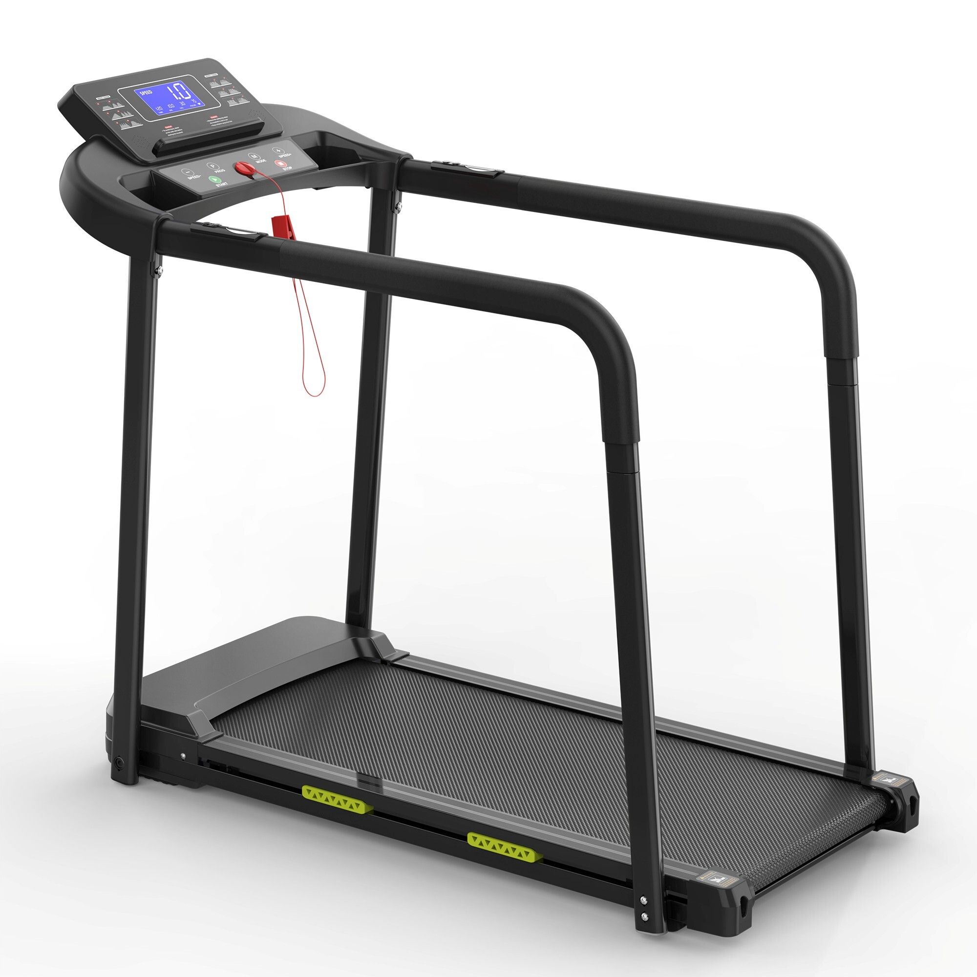 Tapis roulant nero con corrimano lungo. Ampio display LCD. Per anziani. Vista prospettica.