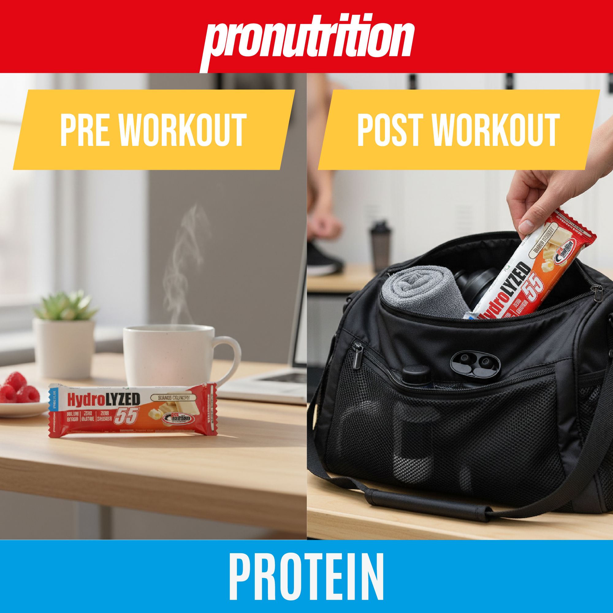 Due scene: a sinistra, tazza e barretta; a destra, mano che mette barretta in borsa sportiva. Testo: Hydrolyzed, 55.