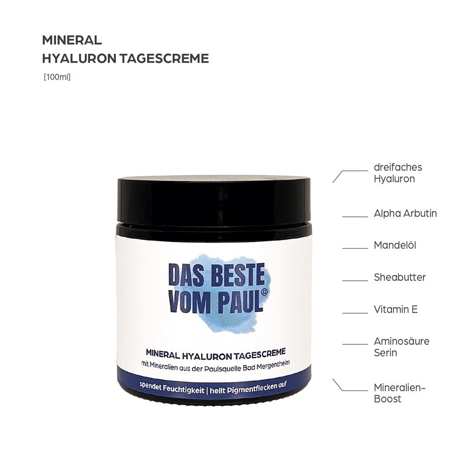 Vasetto con coperchio nero. Scritta: Das Beste vom Paul. Prodotto: Crema giorno minerale all'acido ialuronico. Ingredienti.