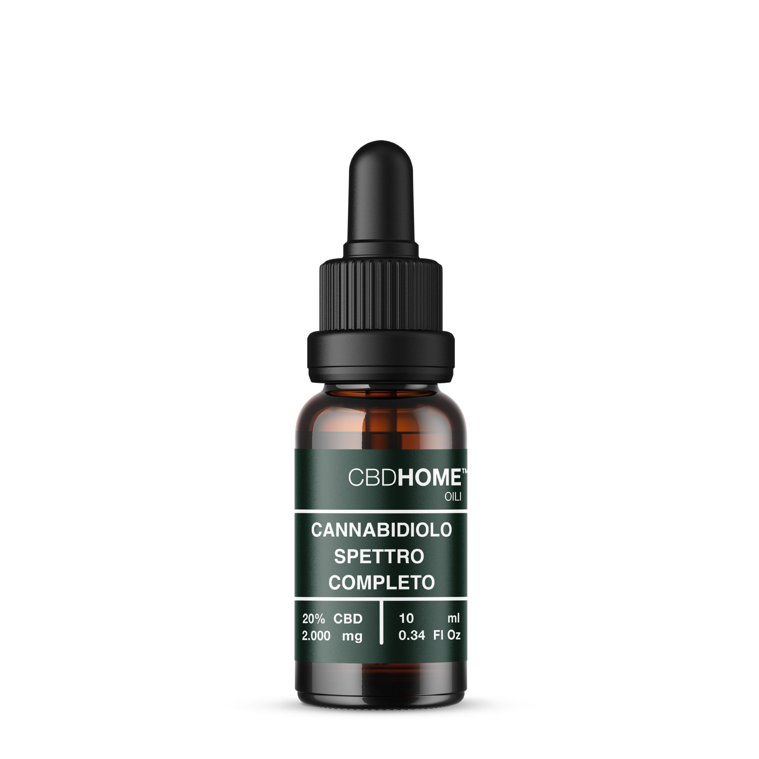 Flacone di olio CBDHOME a spettro completo con contagocce.